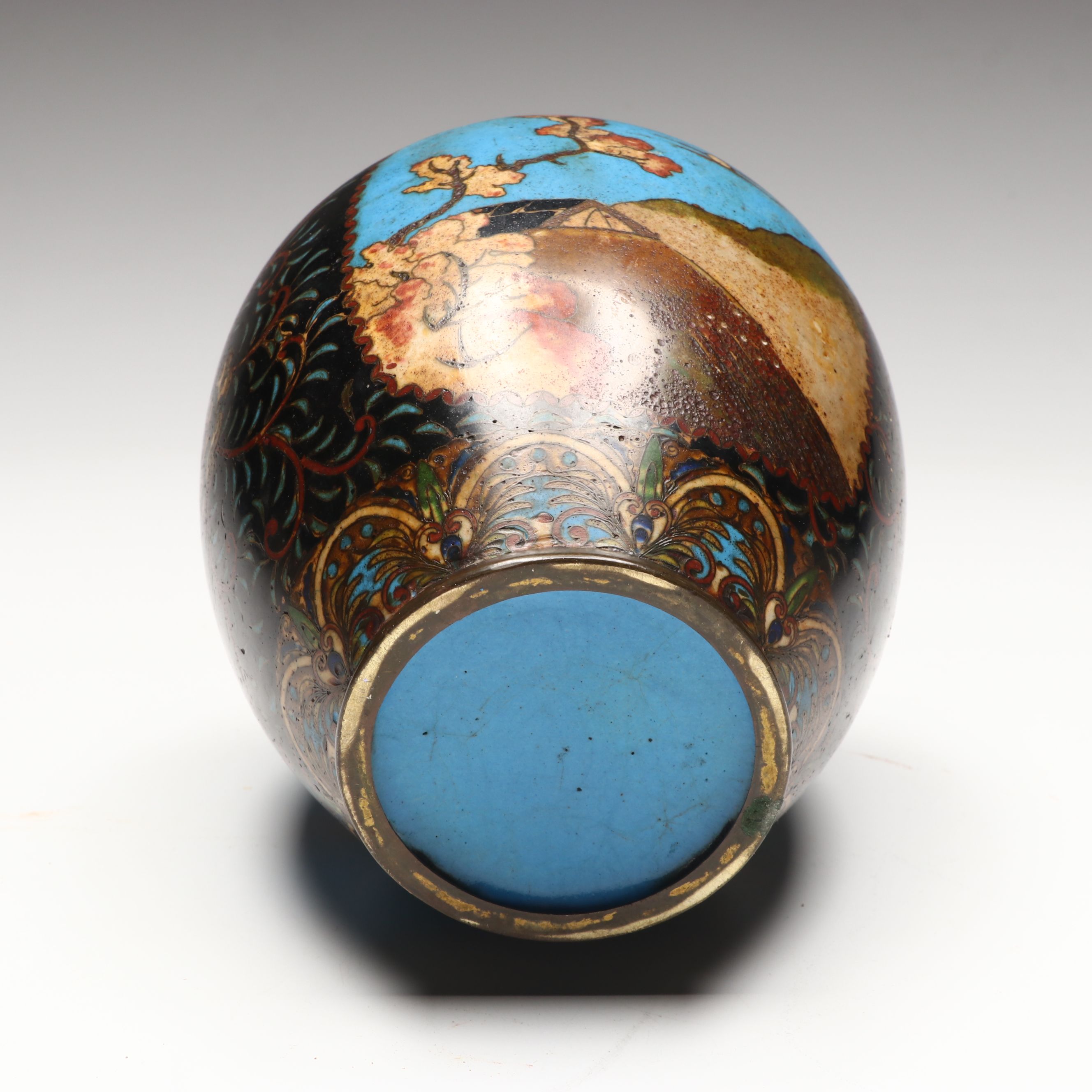 Japanese Antique Bird and Mountain Motif Cloisonné Vases