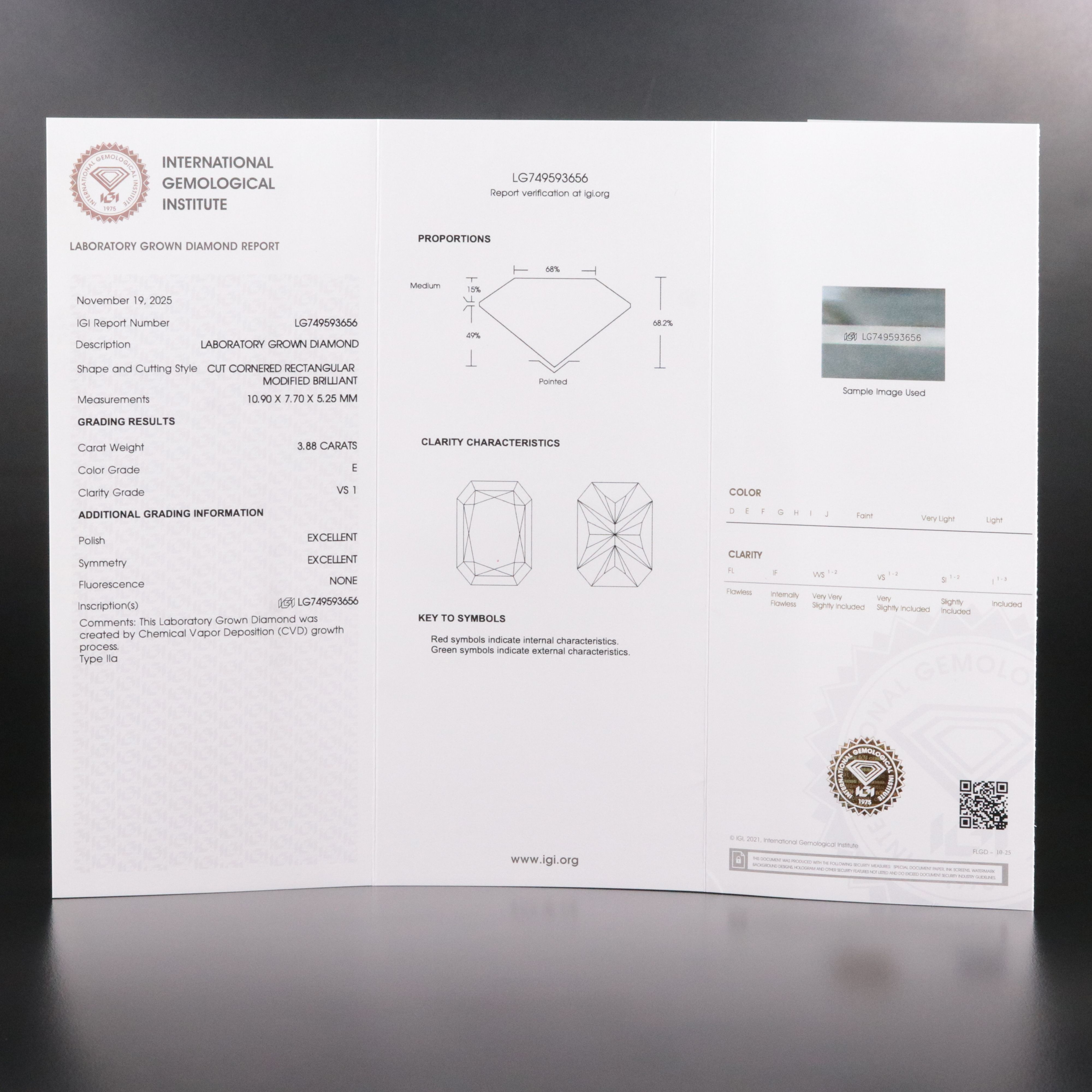 Loose 3.88 CT Lab Grown Diamond with IGI Report