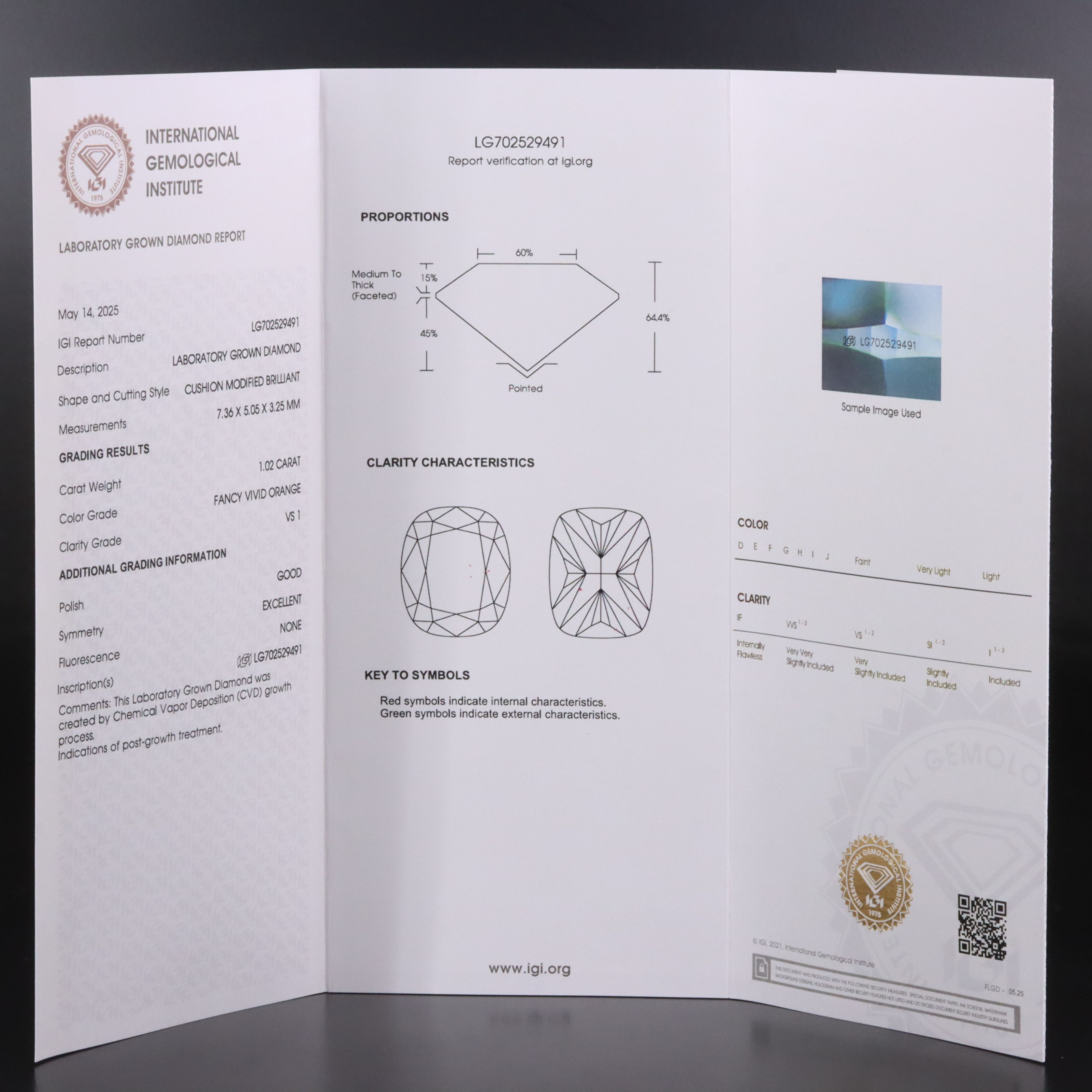 Loose 1.02 CT Lab Grown Fancy Vivid Orange Diamond with IGI Report