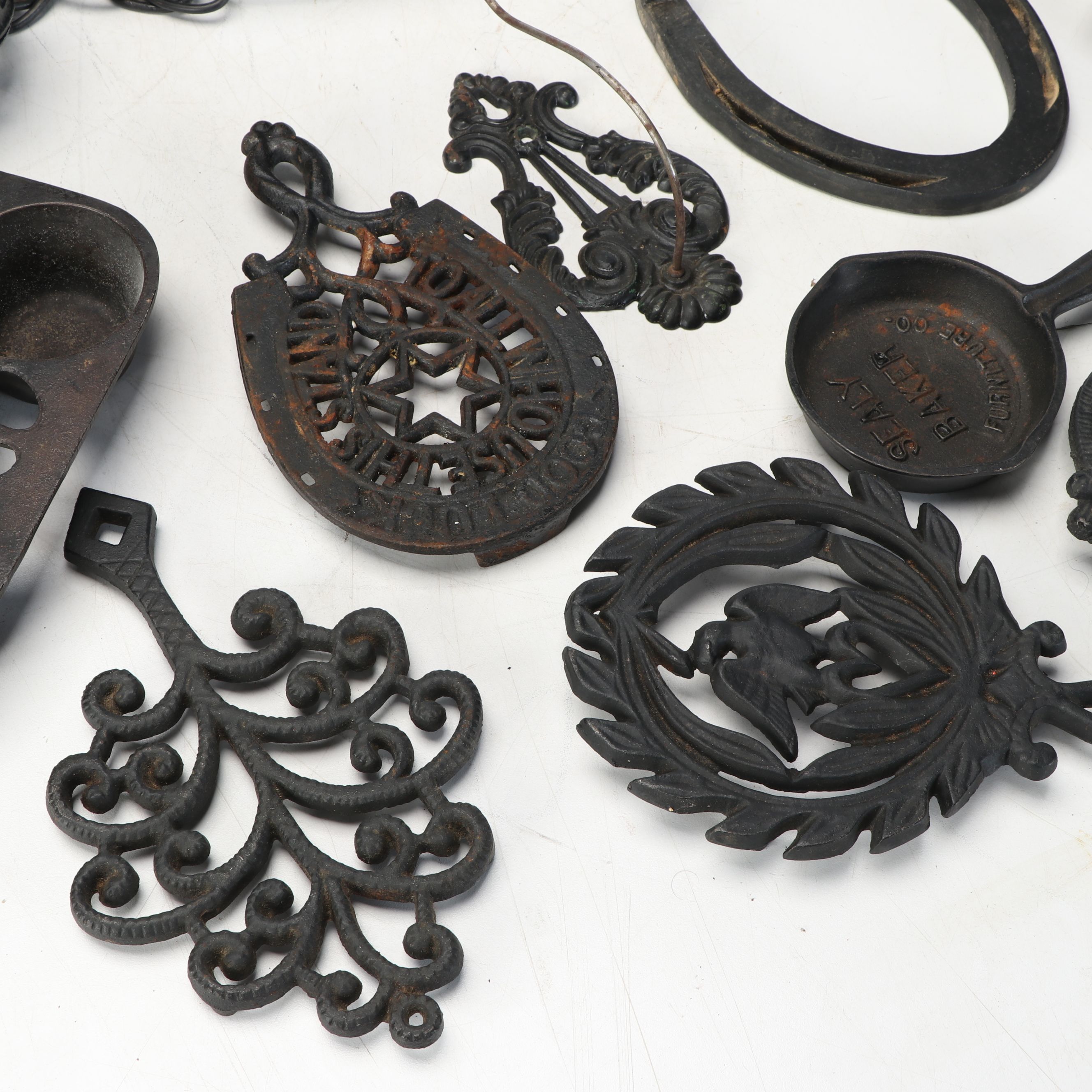 Wilton and Other Vintage Trivets with Cast Iron Hanging Pot Rack, More Décor