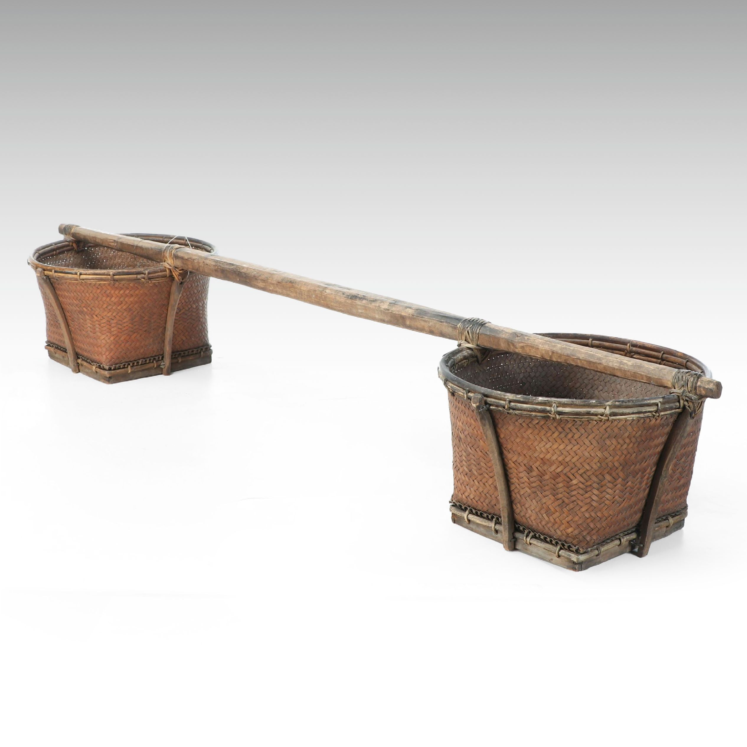 Chinese Wooden Shoulder Yoke with Woven Plant Fiber Baskets