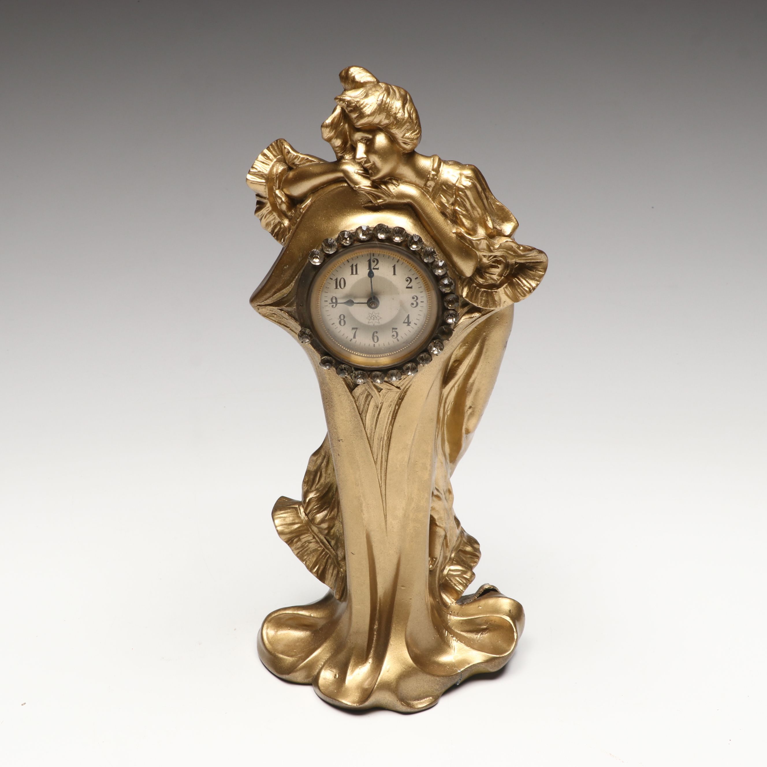 Junghans J. Art Nouveau Style Gold Finish Metal Mantle Clock