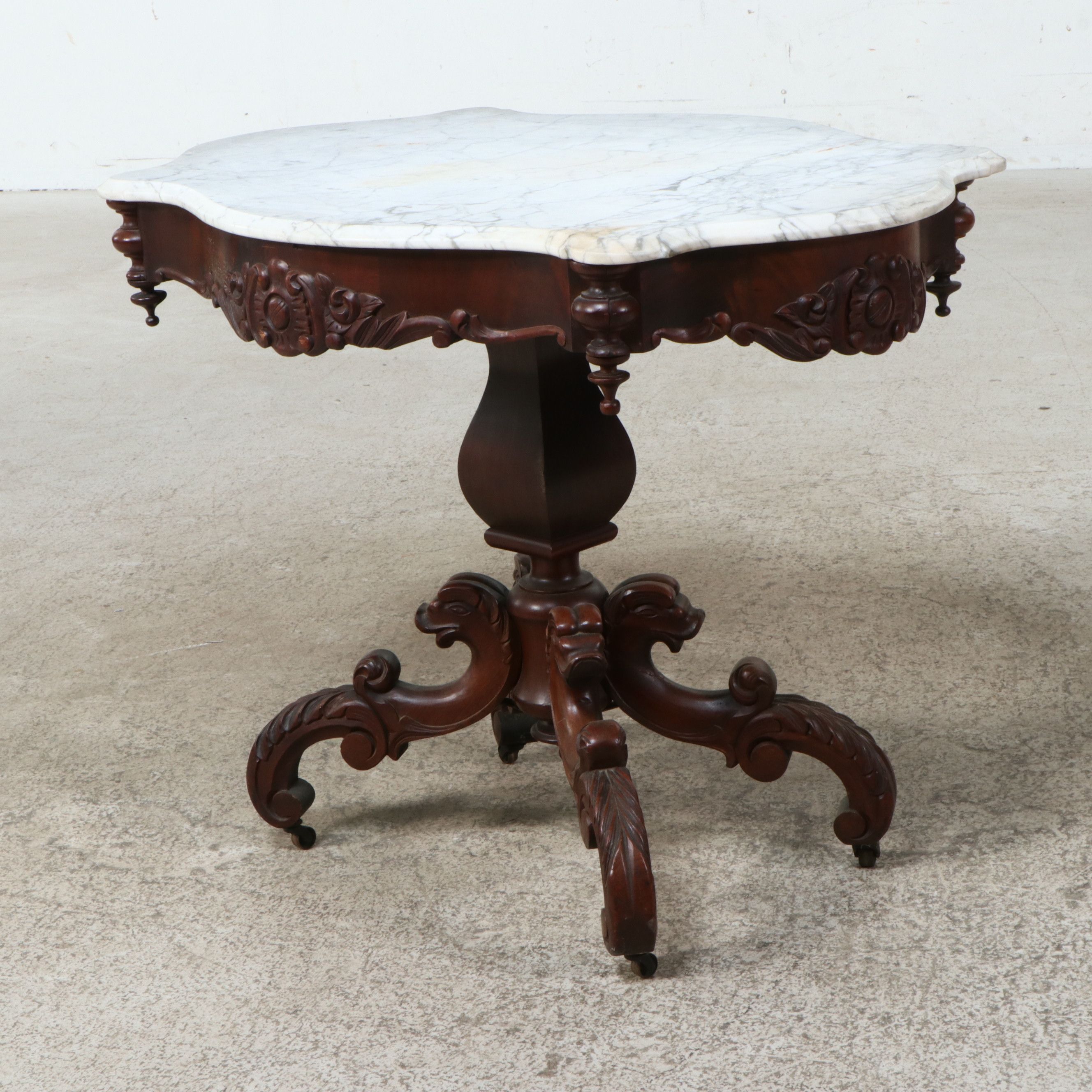 American Victorian Rococo Revival Mahogany and Marble Center Table