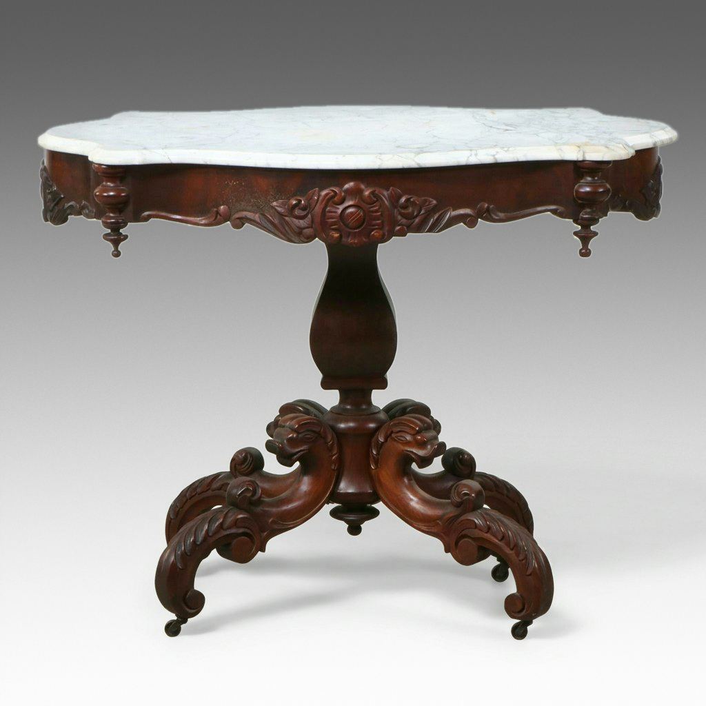 American Victorian Rococo Revival Mahogany and Marble Center Table