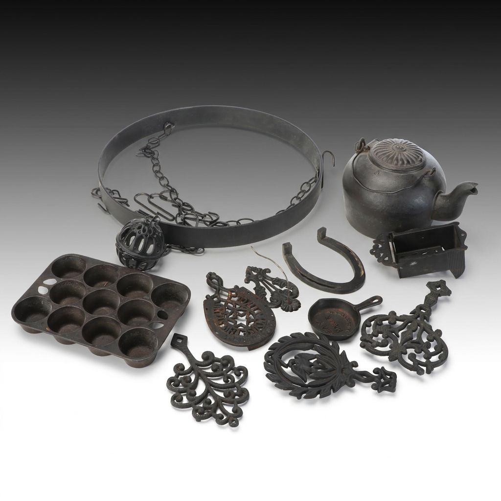 Wilton and Other Vintage Trivets with Cast Iron Hanging Pot Rack, More Décor