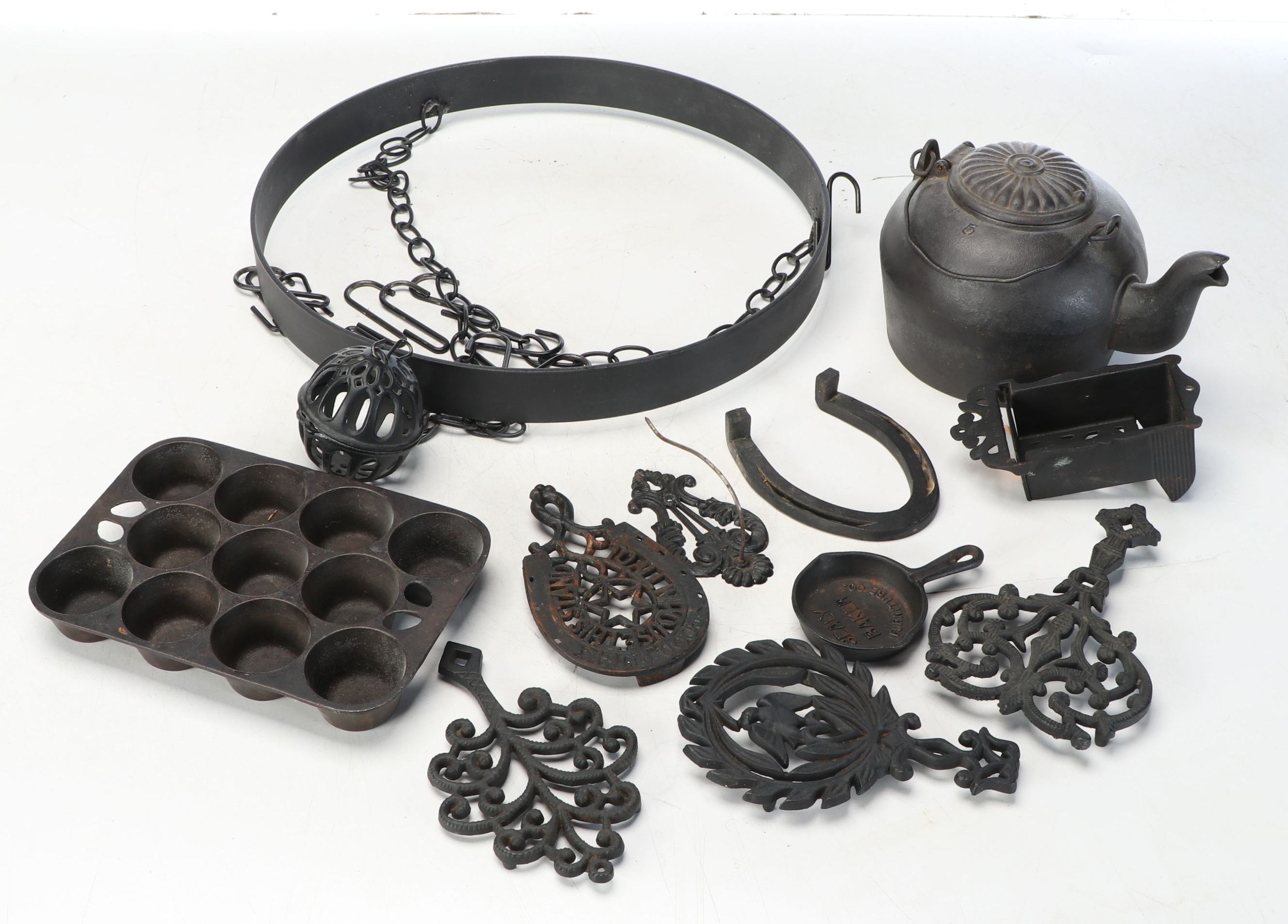 Wilton and Other Vintage Trivets with Cast Iron Hanging Pot Rack, More Décor