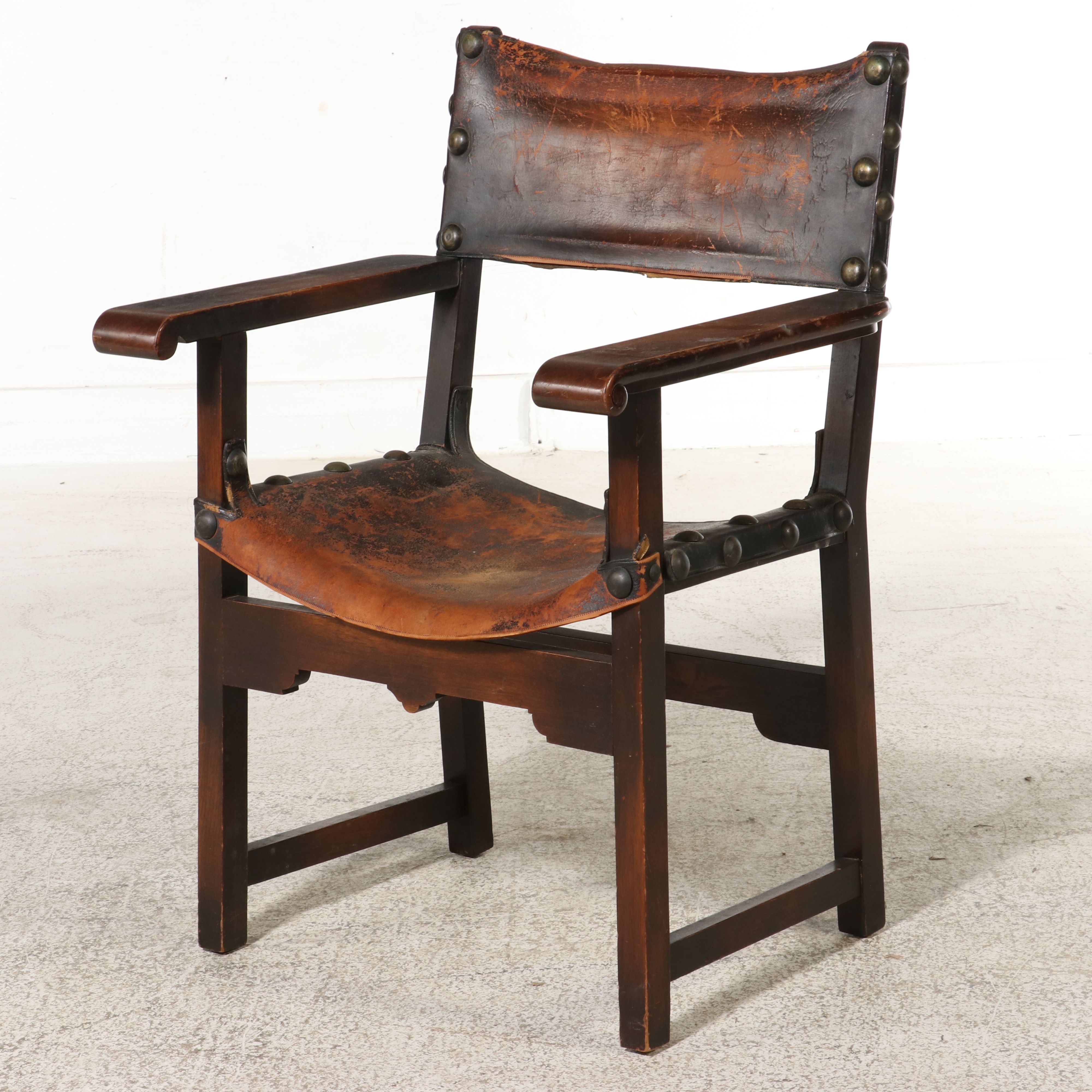 Spanish Colonial Style Wood and Leather Sling Armchair, Early to Mid-20th C.