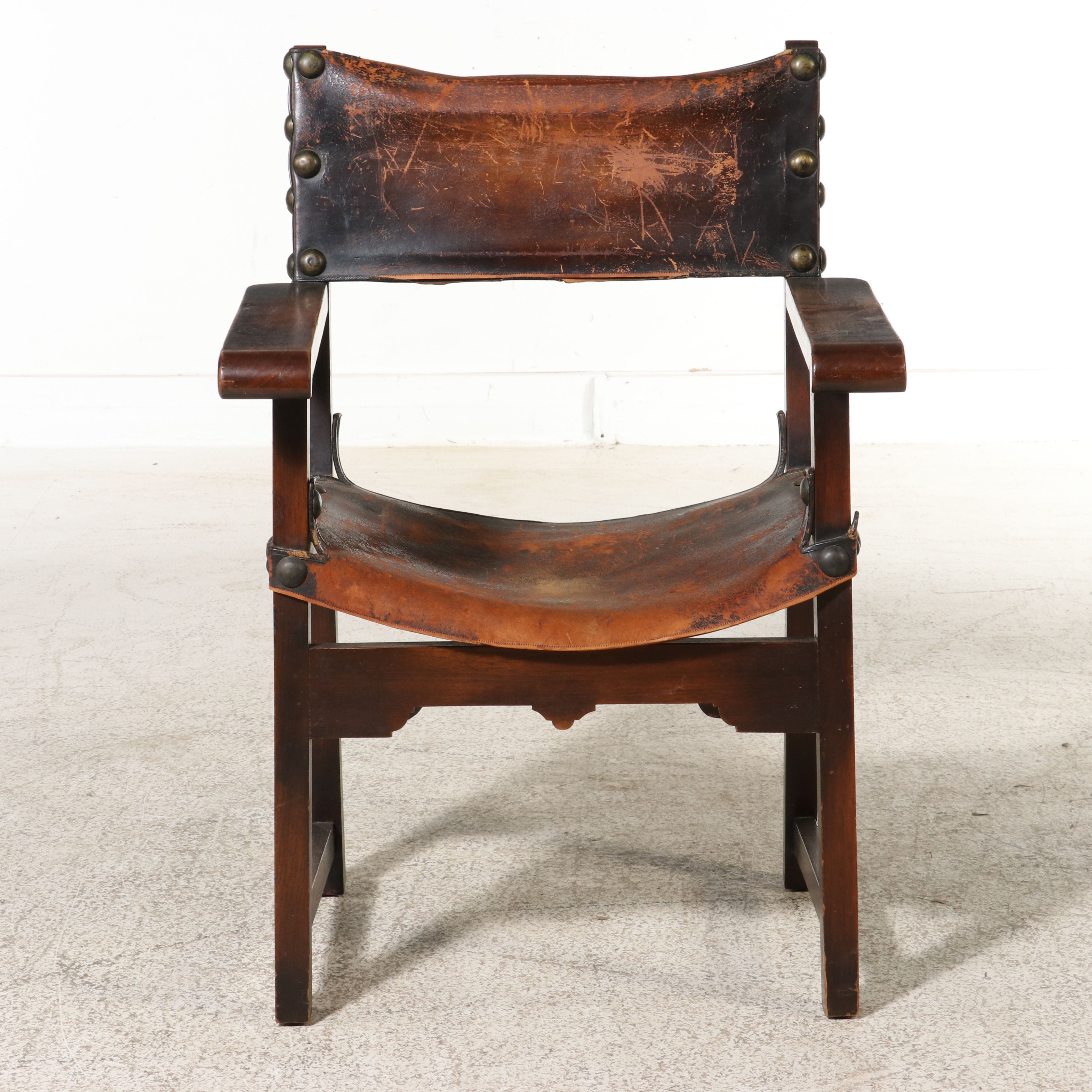 Spanish Colonial Style Wood and Leather Sling Armchair, Early to Mid-20th C.