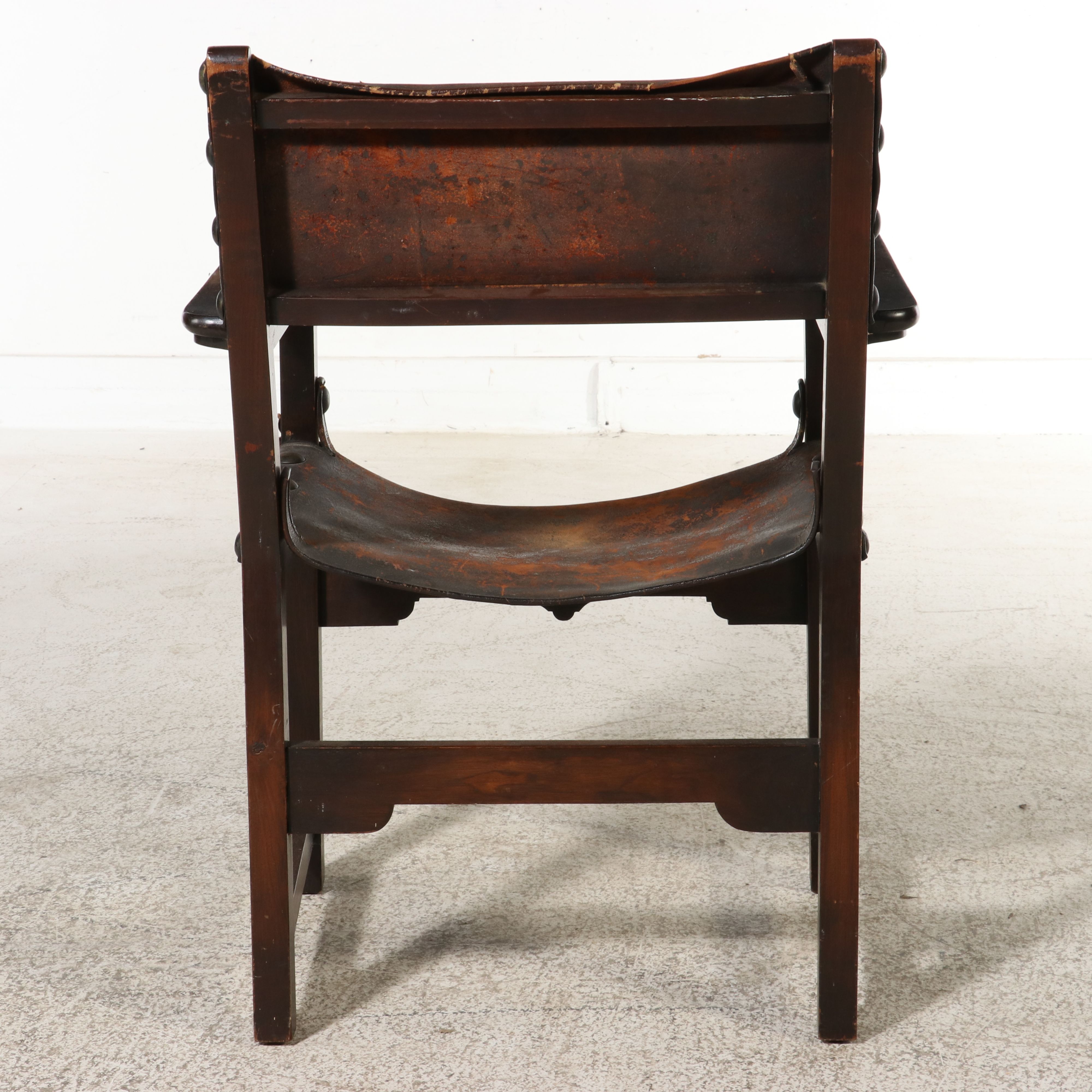 Spanish Colonial Style Wood and Leather Sling Armchair, Early to Mid-20th C.