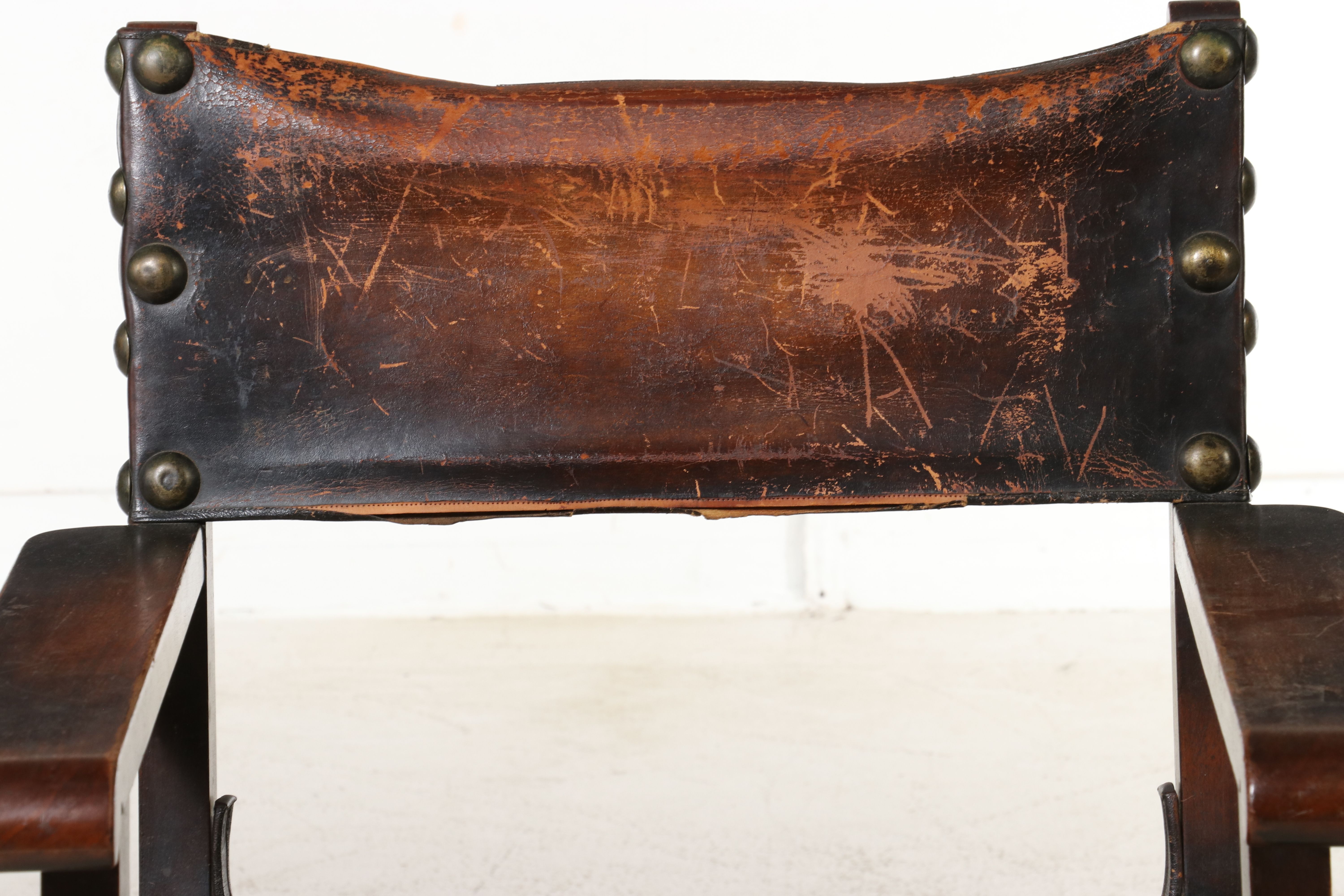 Spanish Colonial Style Wood and Leather Sling Armchair, Early to Mid-20th C.