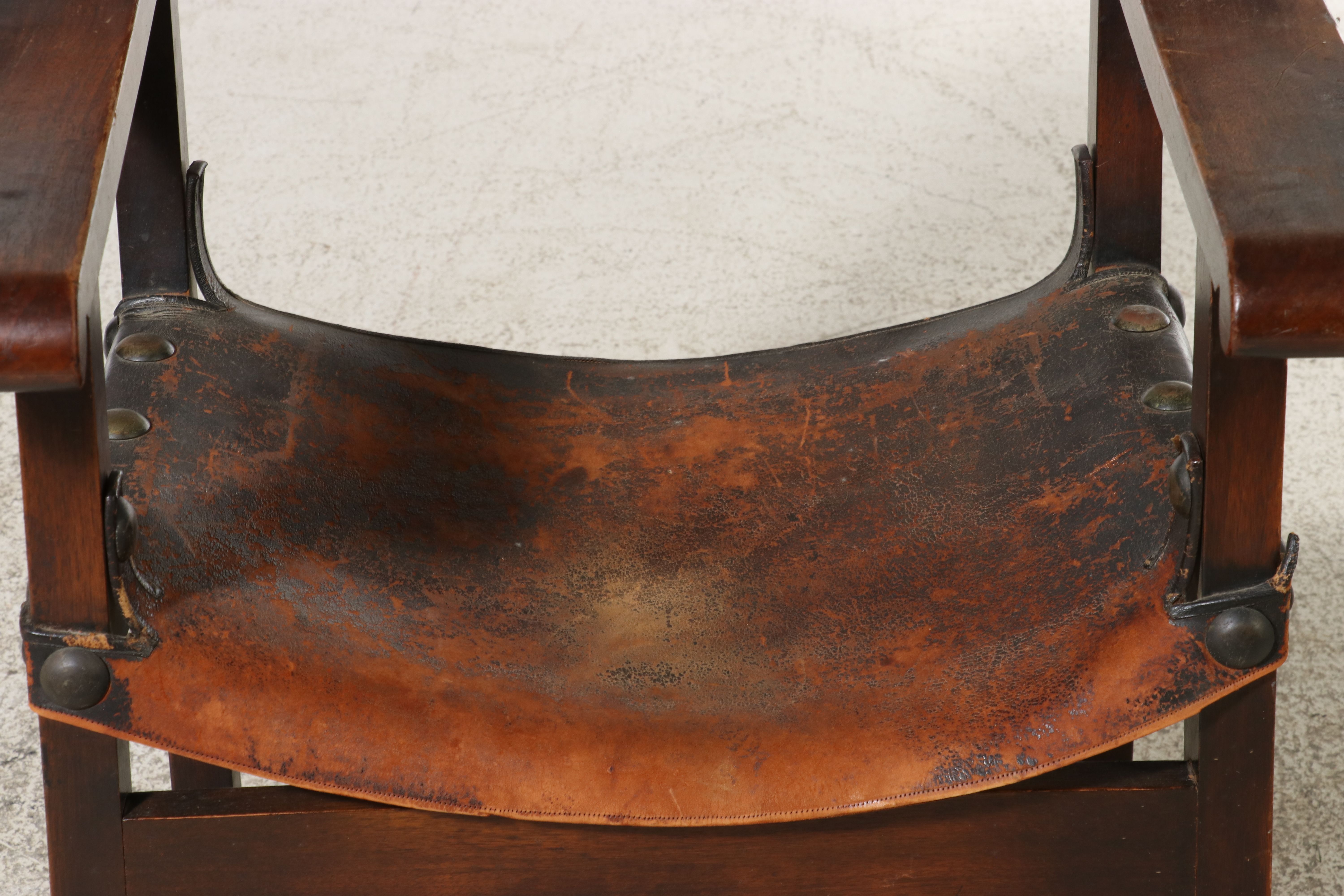 Spanish Colonial Style Wood and Leather Sling Armchair, Early to Mid-20th C.