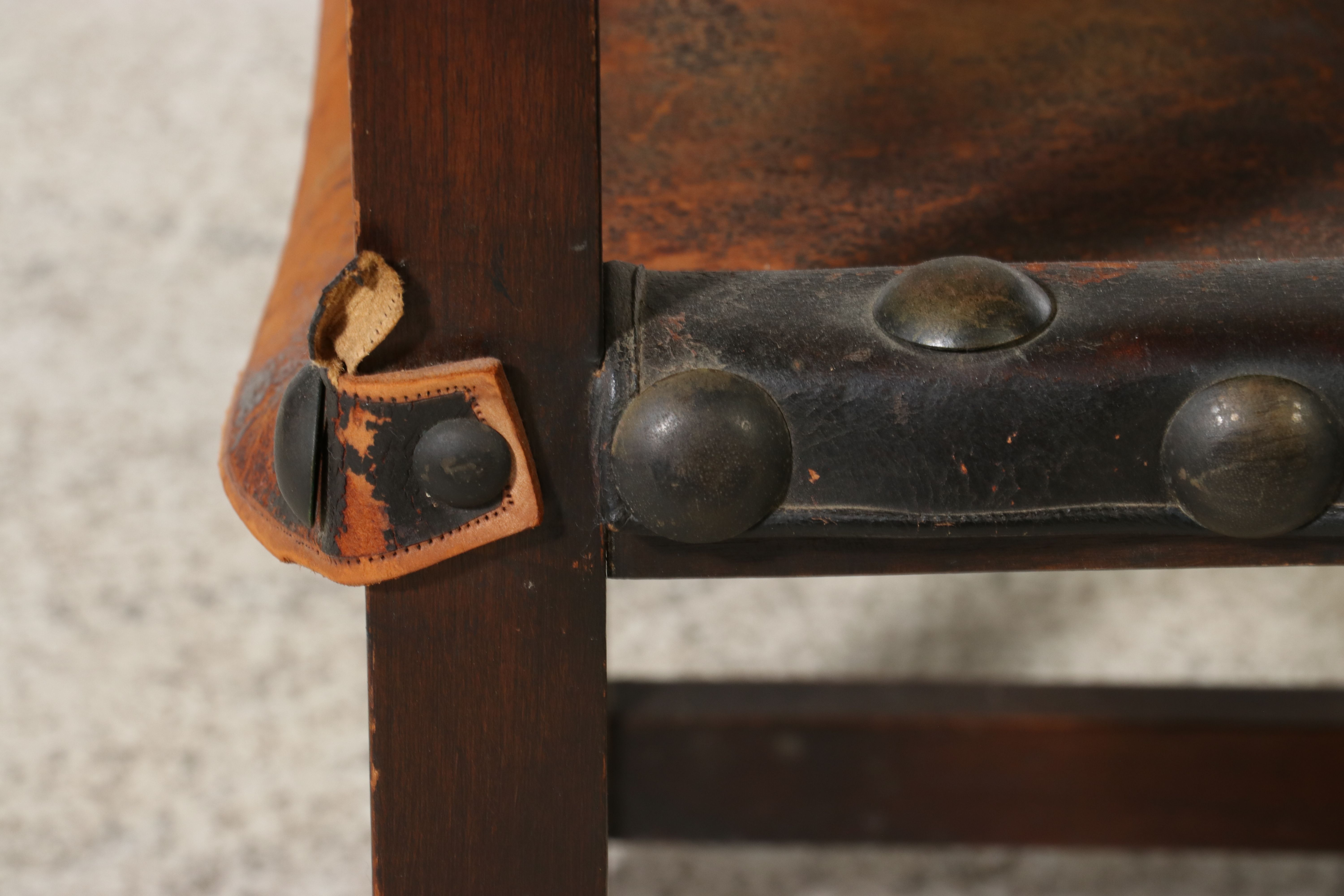 Spanish Colonial Style Wood and Leather Sling Armchair, Early to Mid-20th C.
