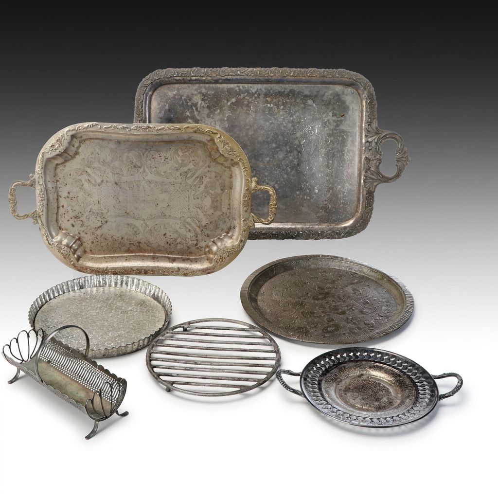 Meridian Victorian Style Silver Plate Tray with Aluminium and Other Serveware