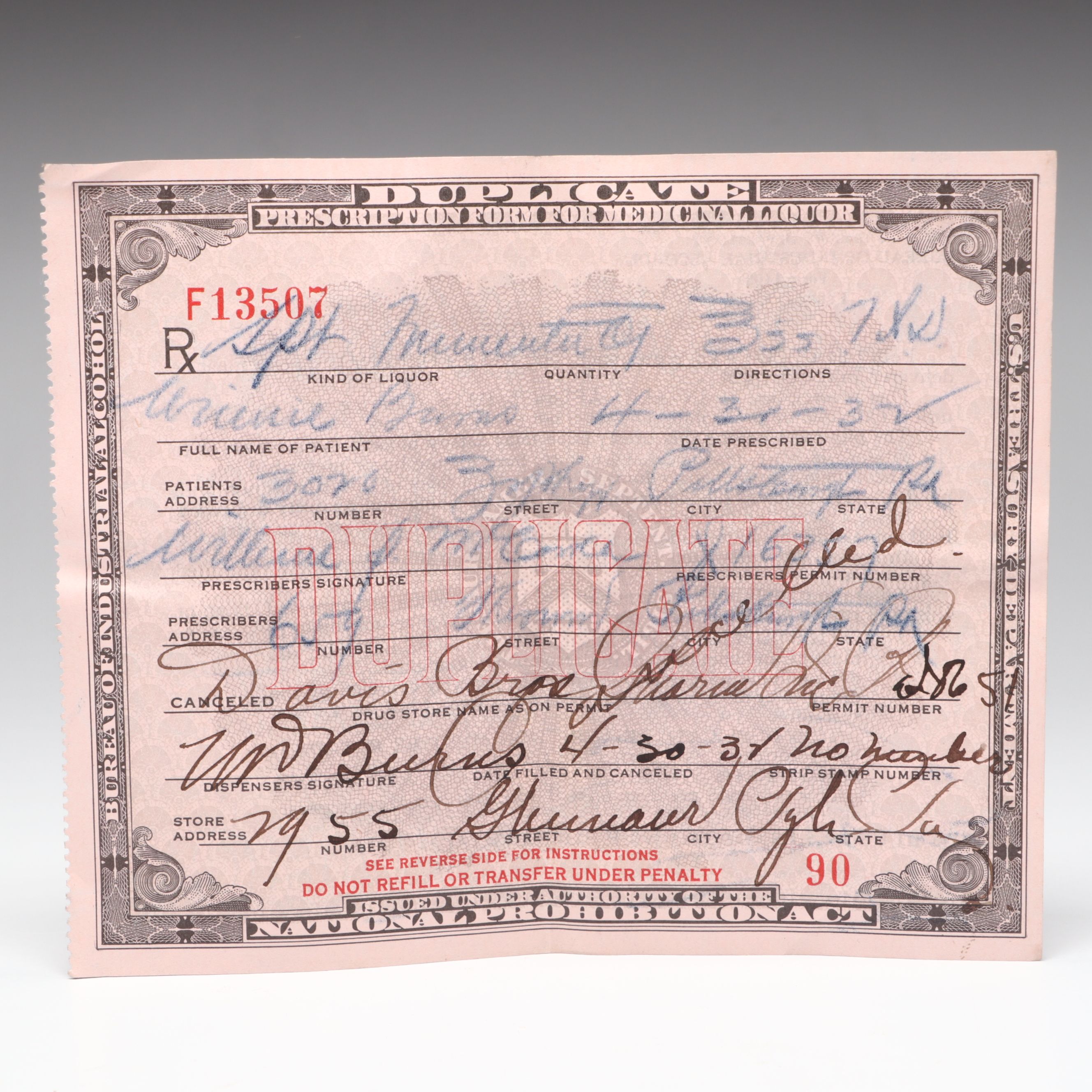 Prohibition Era Prescription Form for Alcohol, 1932