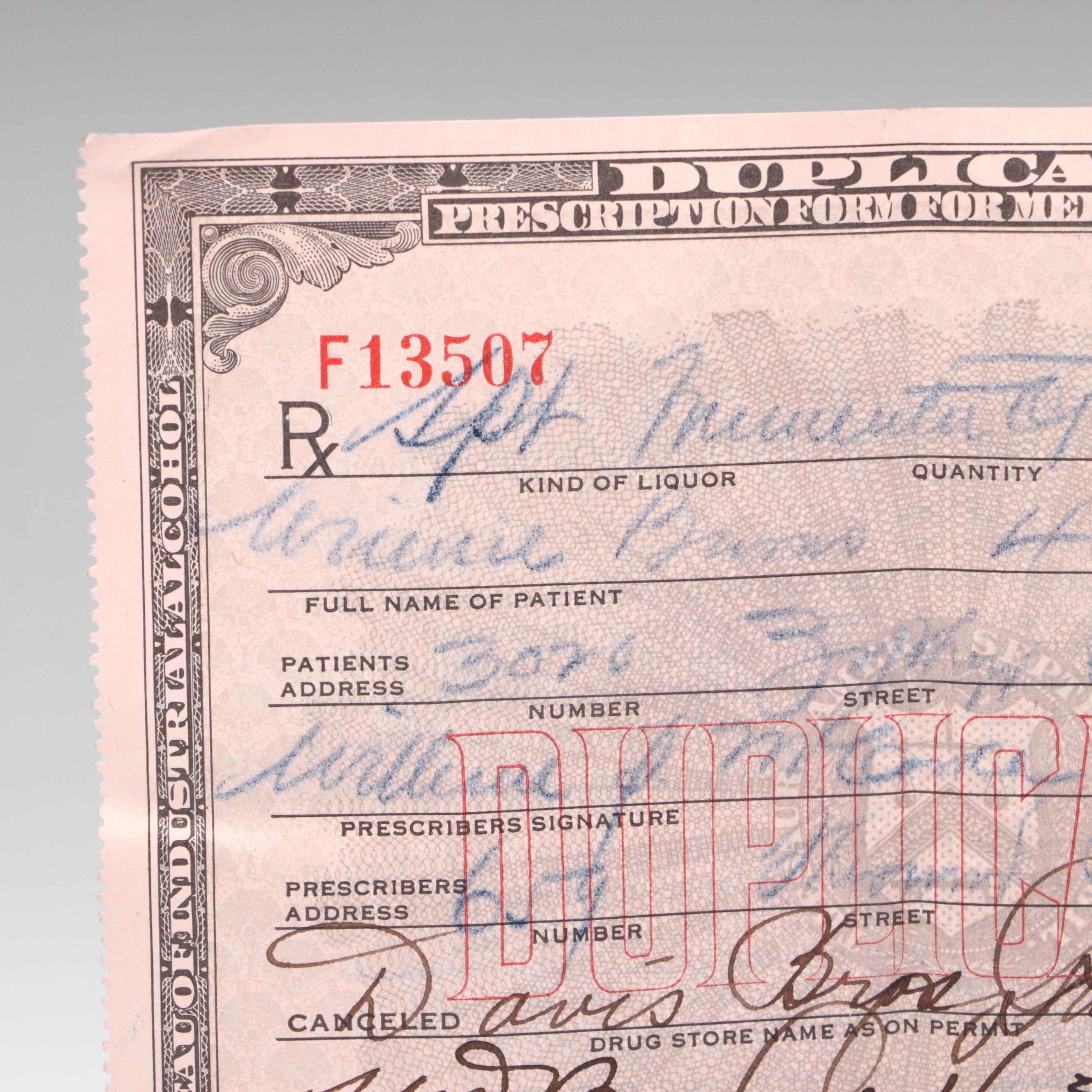 Prohibition Era Prescription Form for Alcohol, 1932