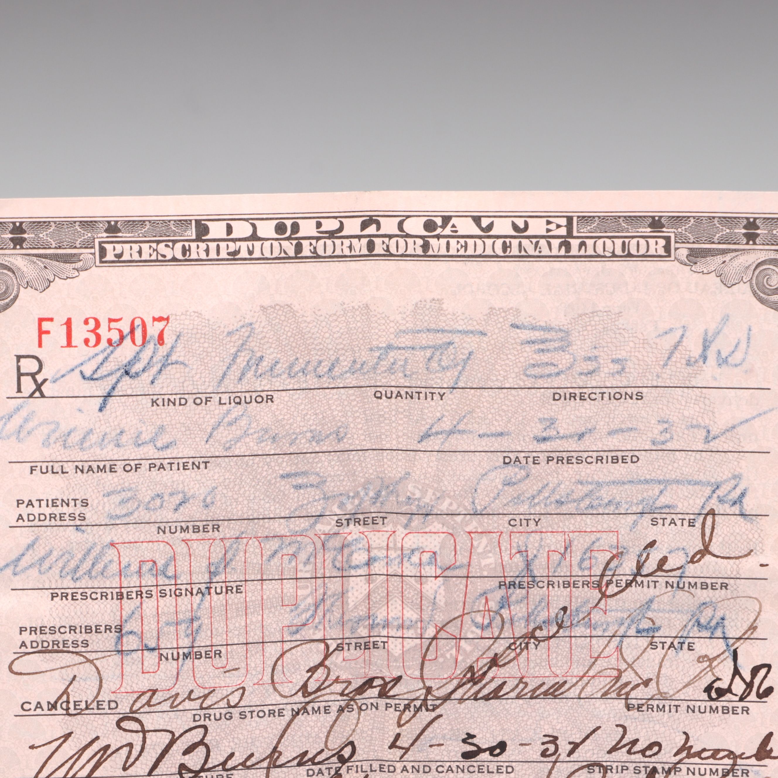 Prohibition Era Prescription Form for Alcohol, 1932