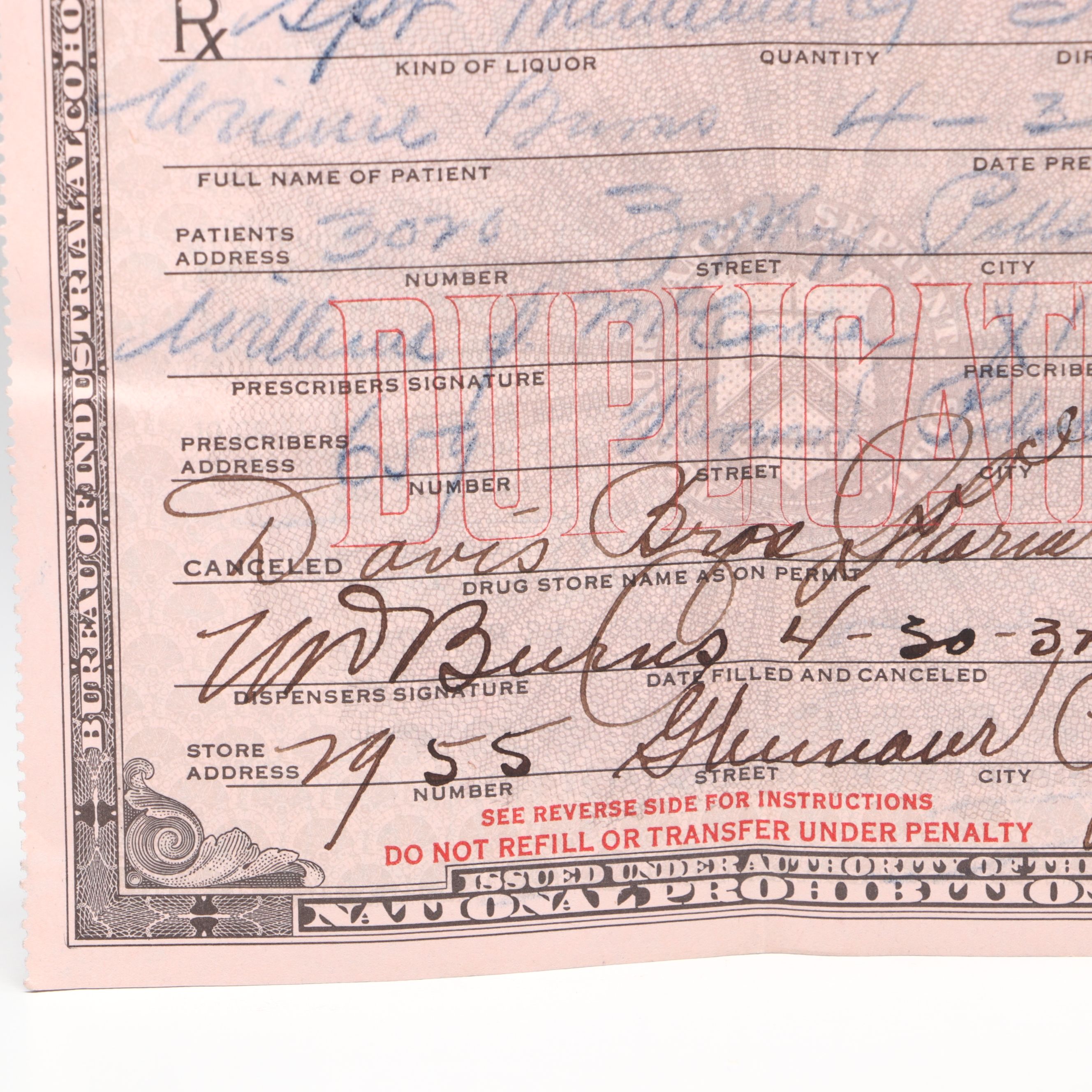 Prohibition Era Prescription Form for Alcohol, 1932