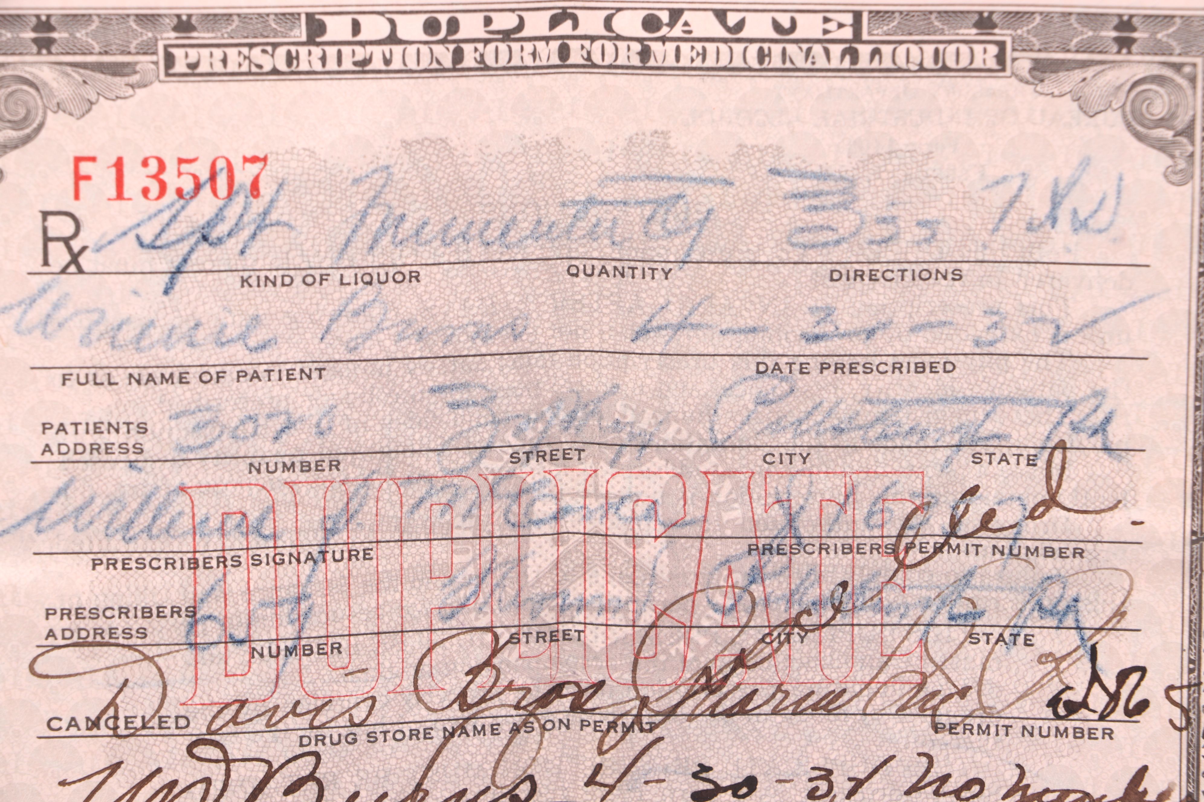 Prohibition Era Prescription Form for Alcohol, 1932