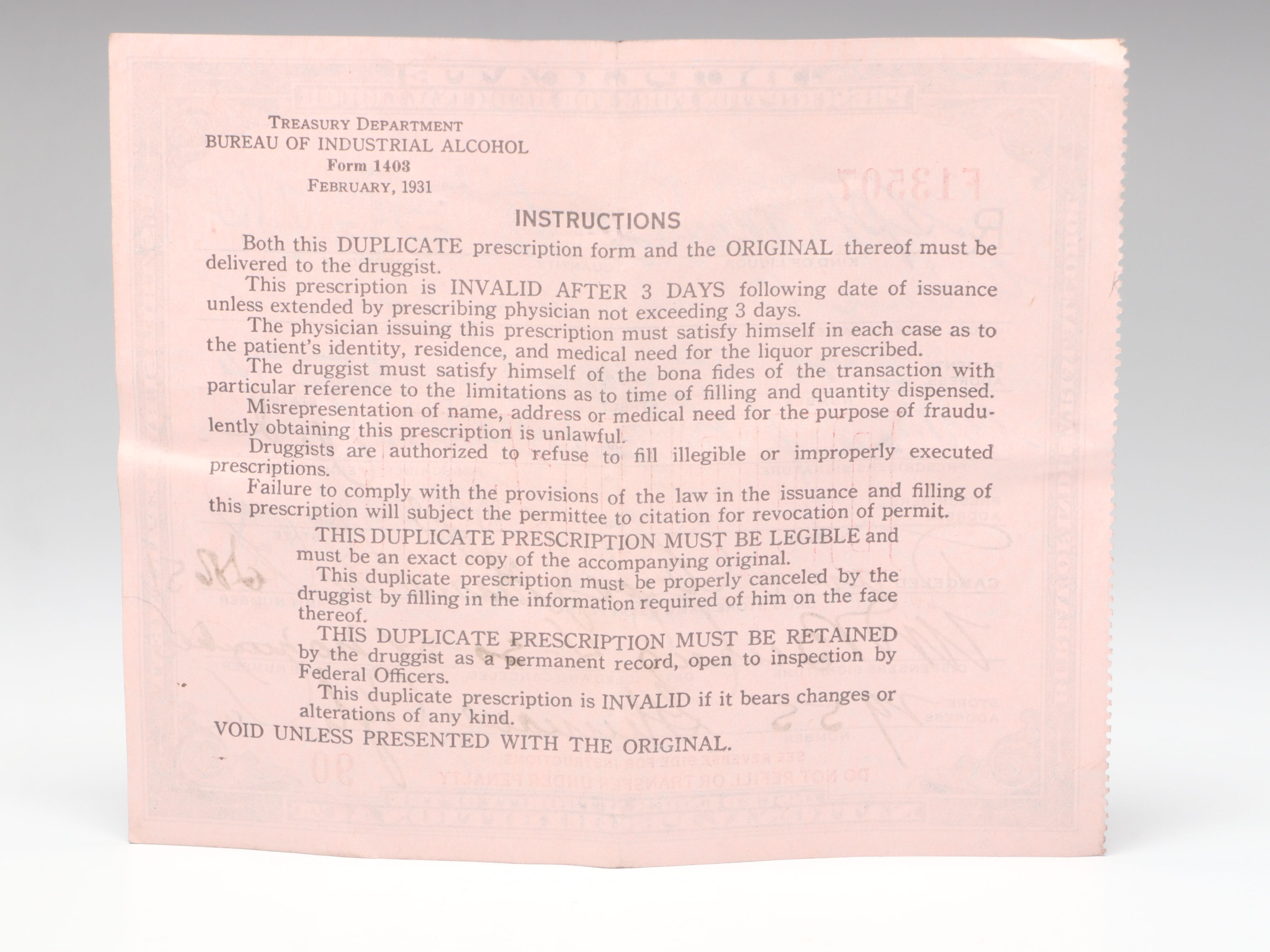 Prohibition Era Prescription Form for Alcohol, 1932