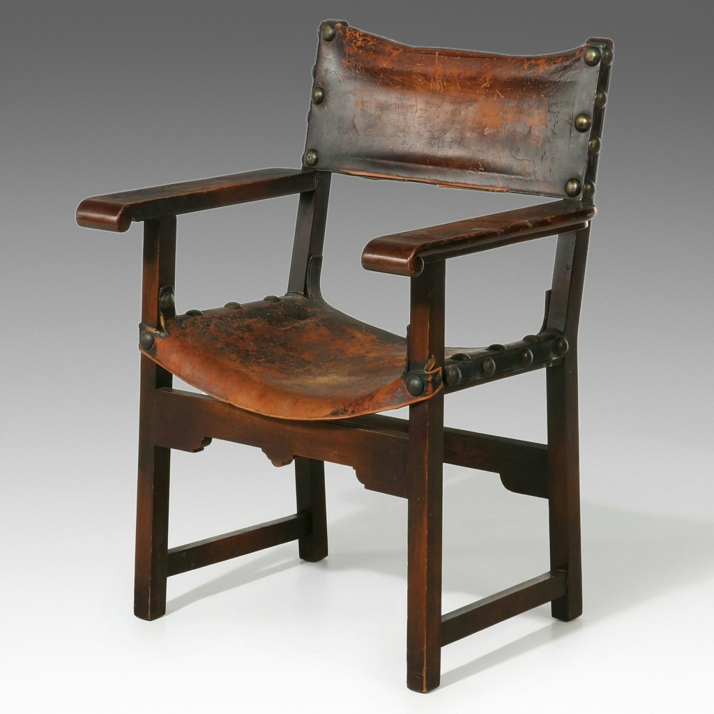 Spanish Colonial Style Wood and Leather Sling Armchair, Early to Mid-20th C.