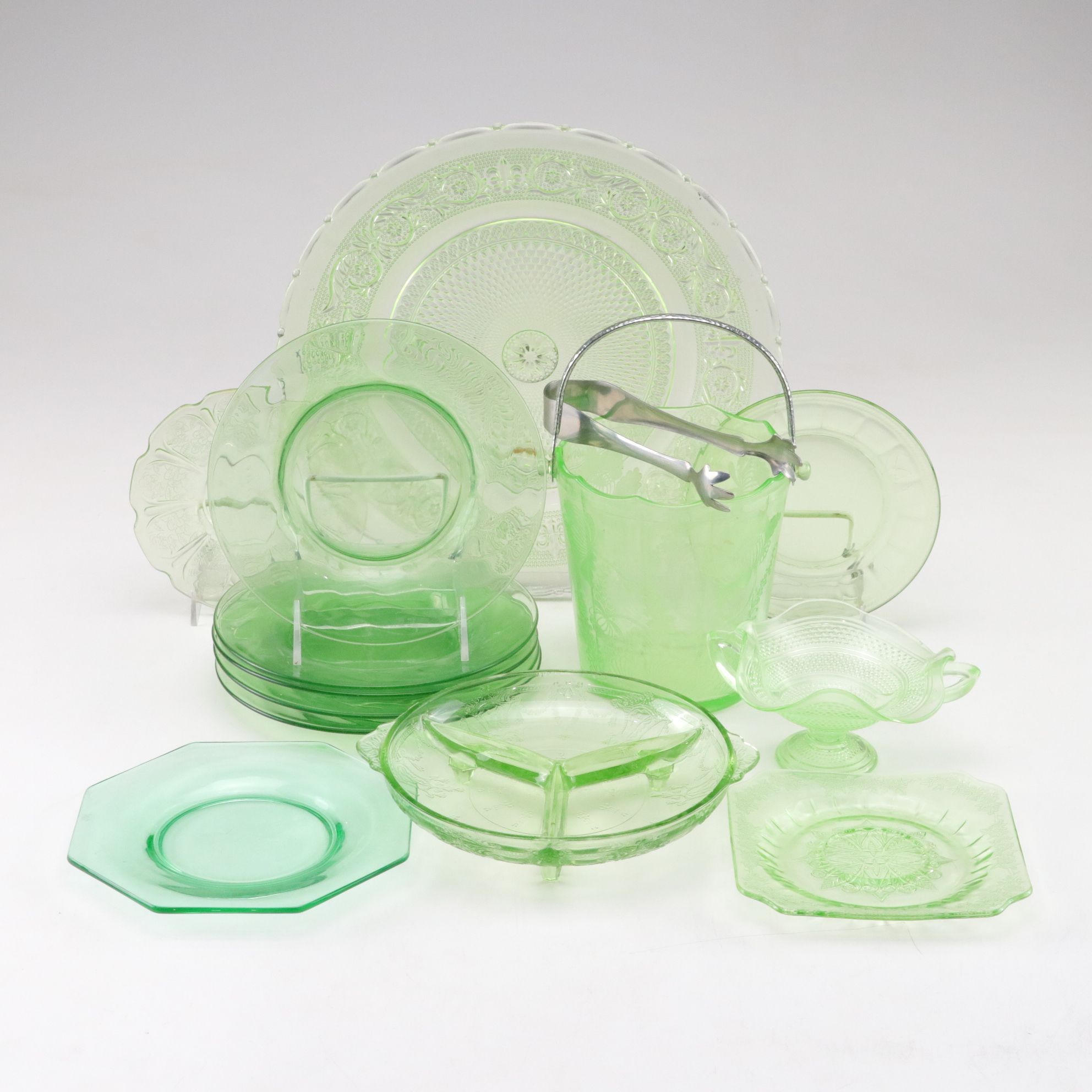 Indiana Glass "Sandwich" Plate with Ice Bucket and Other Uranium Glass Tableware