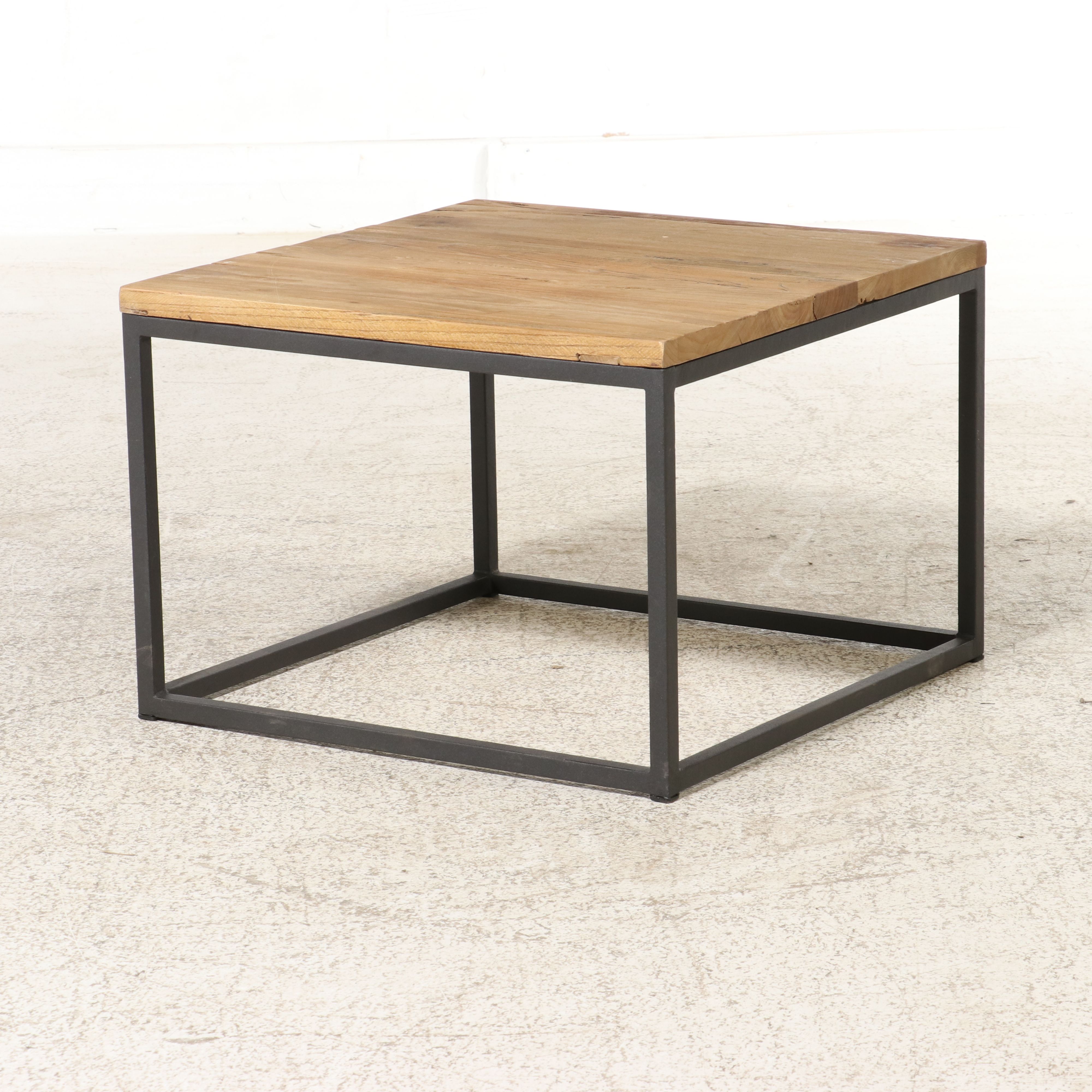 Pair of Industrial Modern Style Reclaimed Wood and Metal Cube End Tables