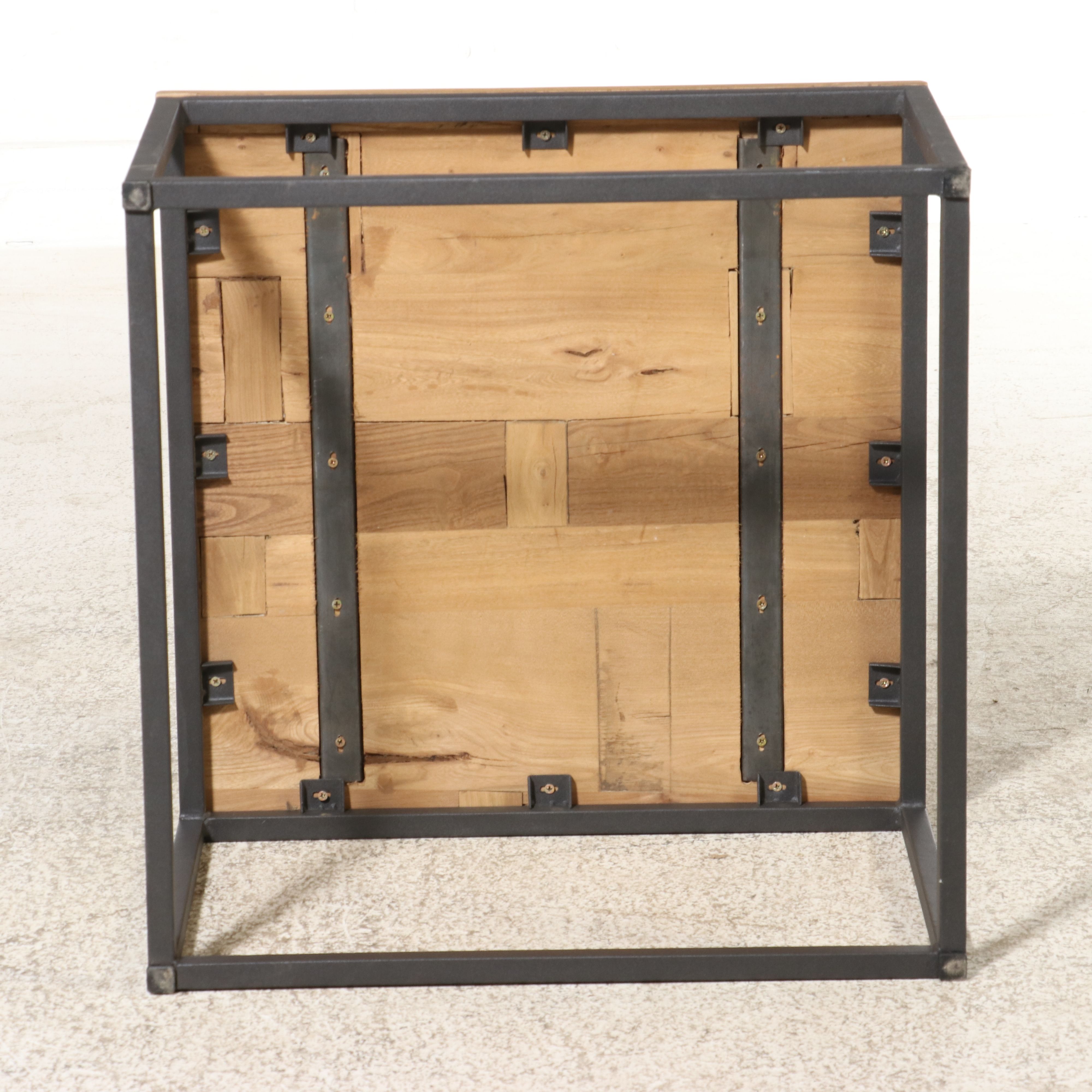 Pair of Industrial Modern Style Reclaimed Wood and Metal Cube End Tables