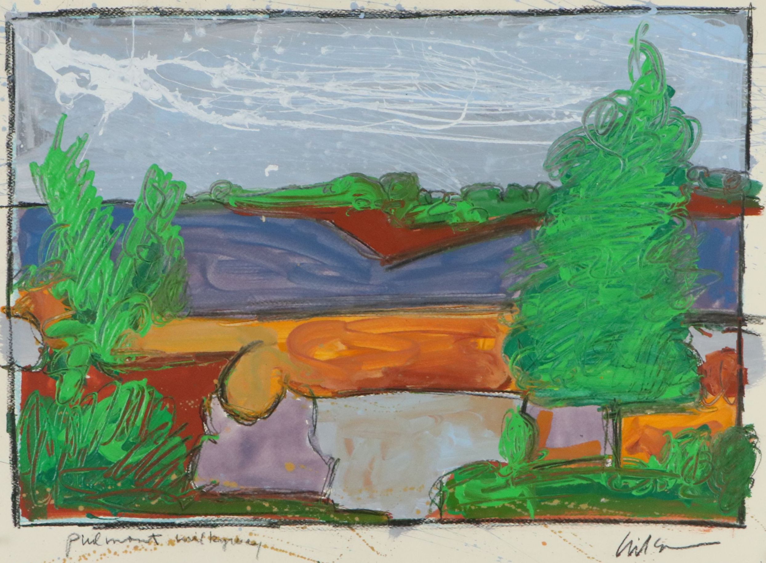Harry Hilson Mixed Media Painting "Piedmont Hill Country," Mid to Late 20th C.