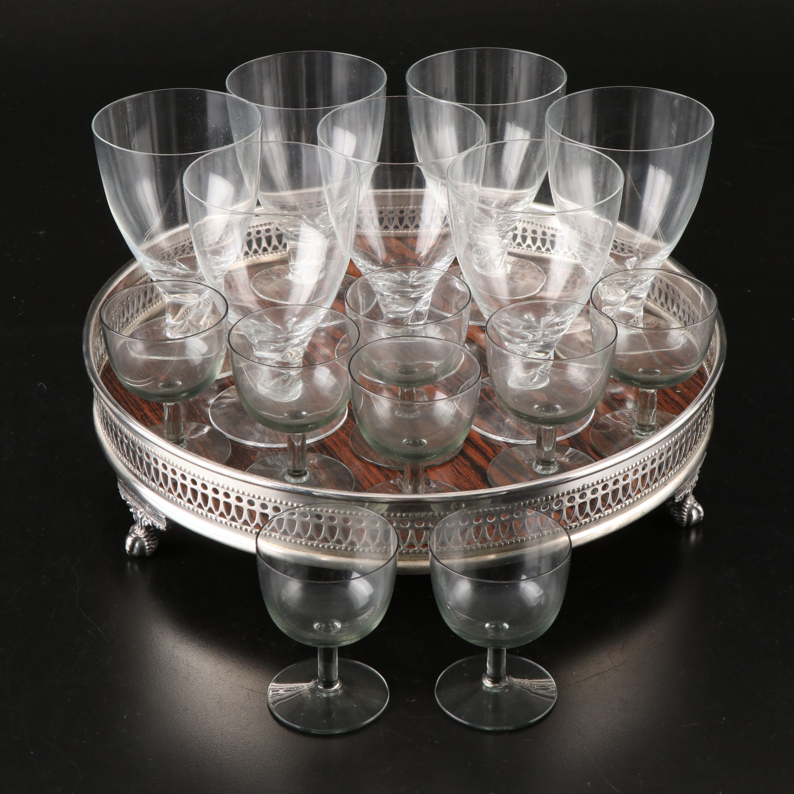 Sheffield Silver Plate and Formica Serving Tray with Goblets and Cordial Glasses