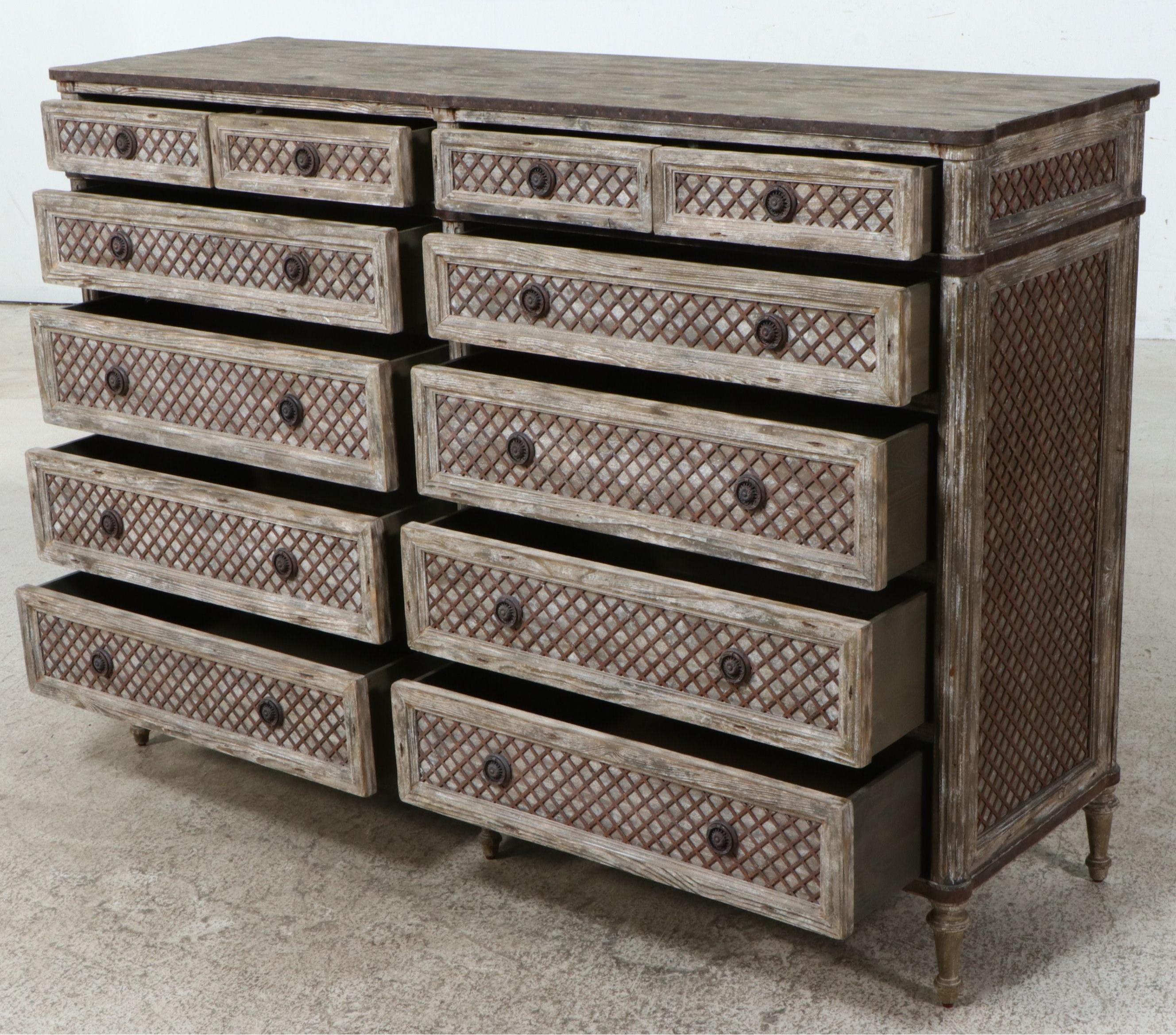 Restoration Hardware Wood and Metal Lattice Front Louis XVI Treillage Dresser