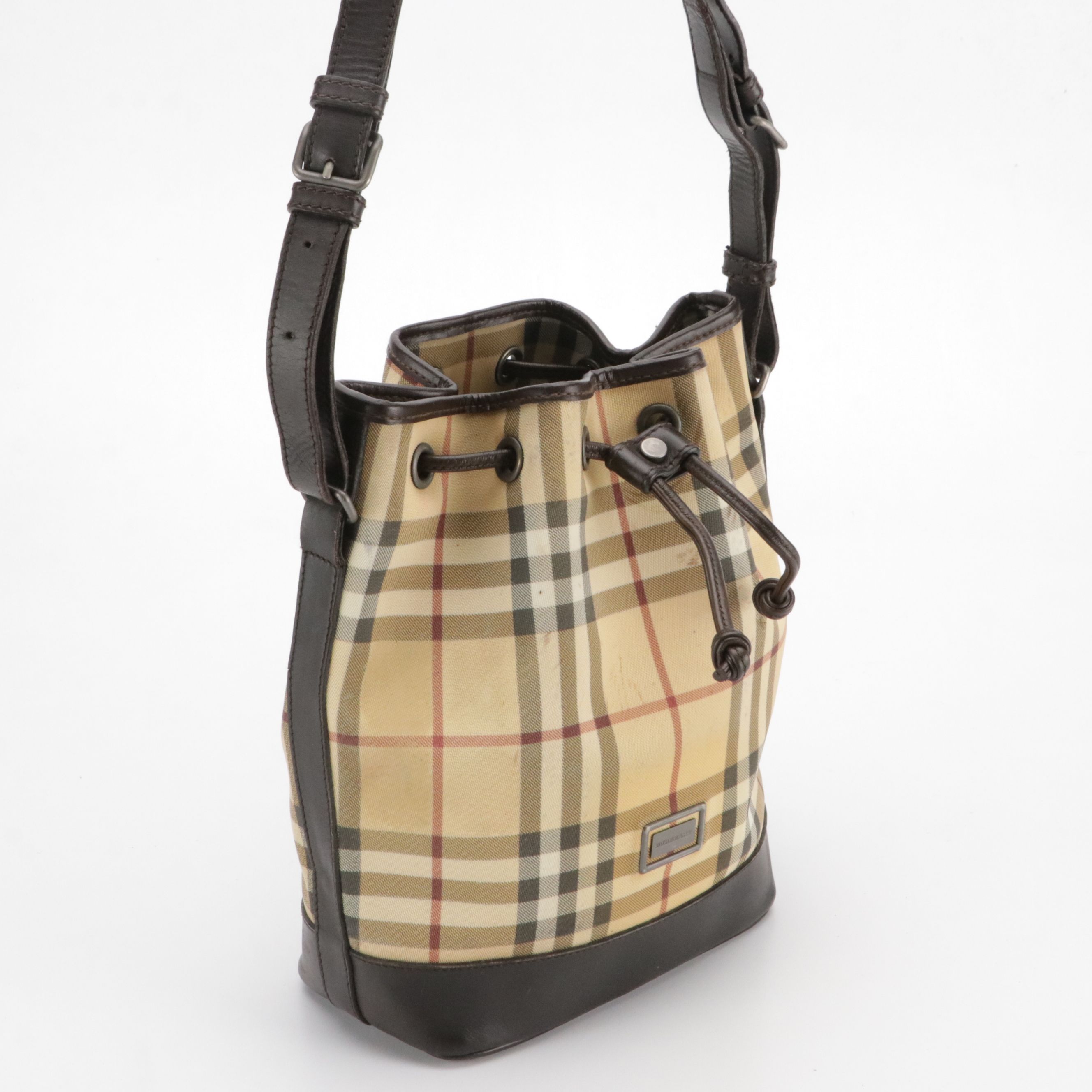 Burberry Nova Check Coated Canvas and Brown Leather Drawstring Bag