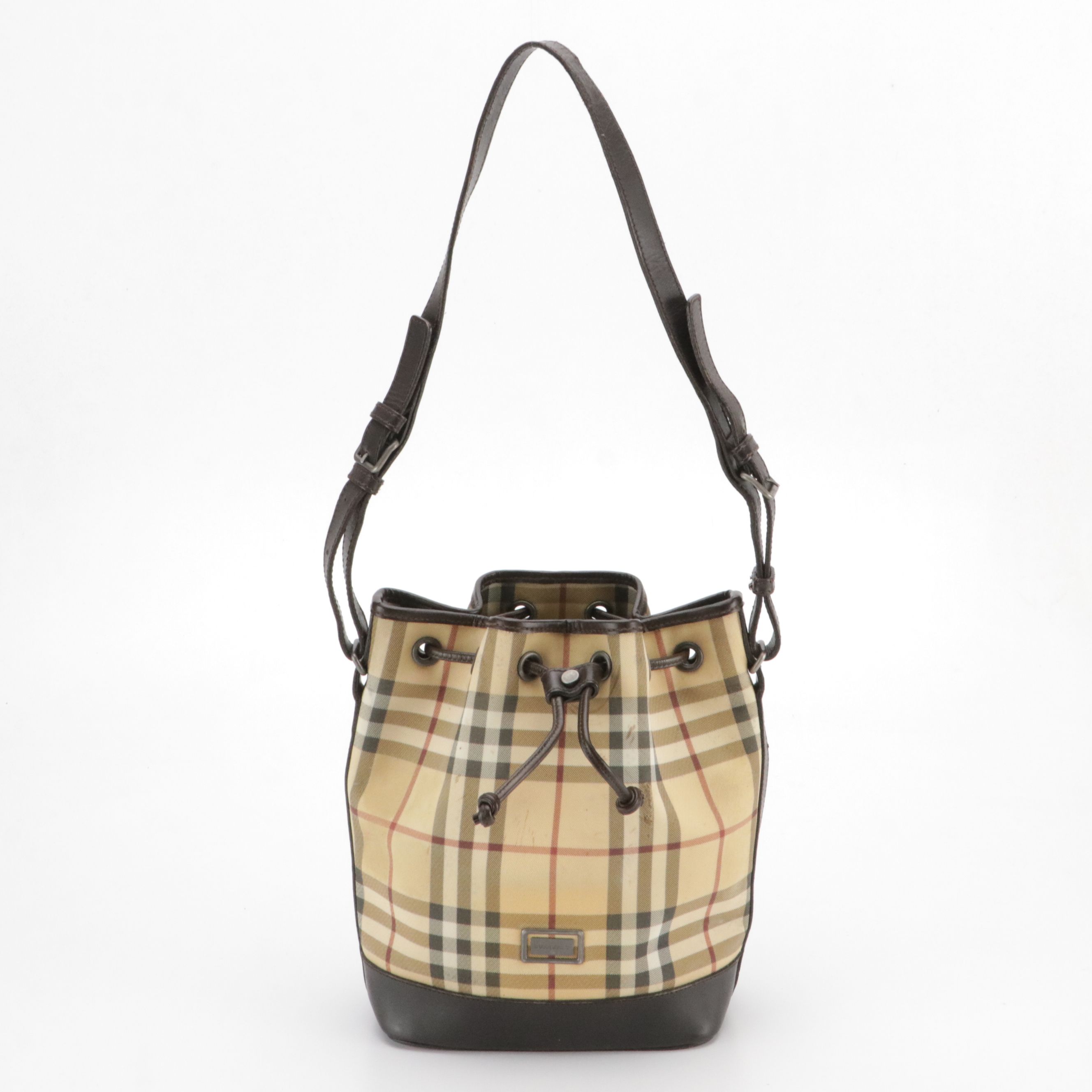 Burberry Nova Check Coated Canvas and Brown Leather Drawstring Bag