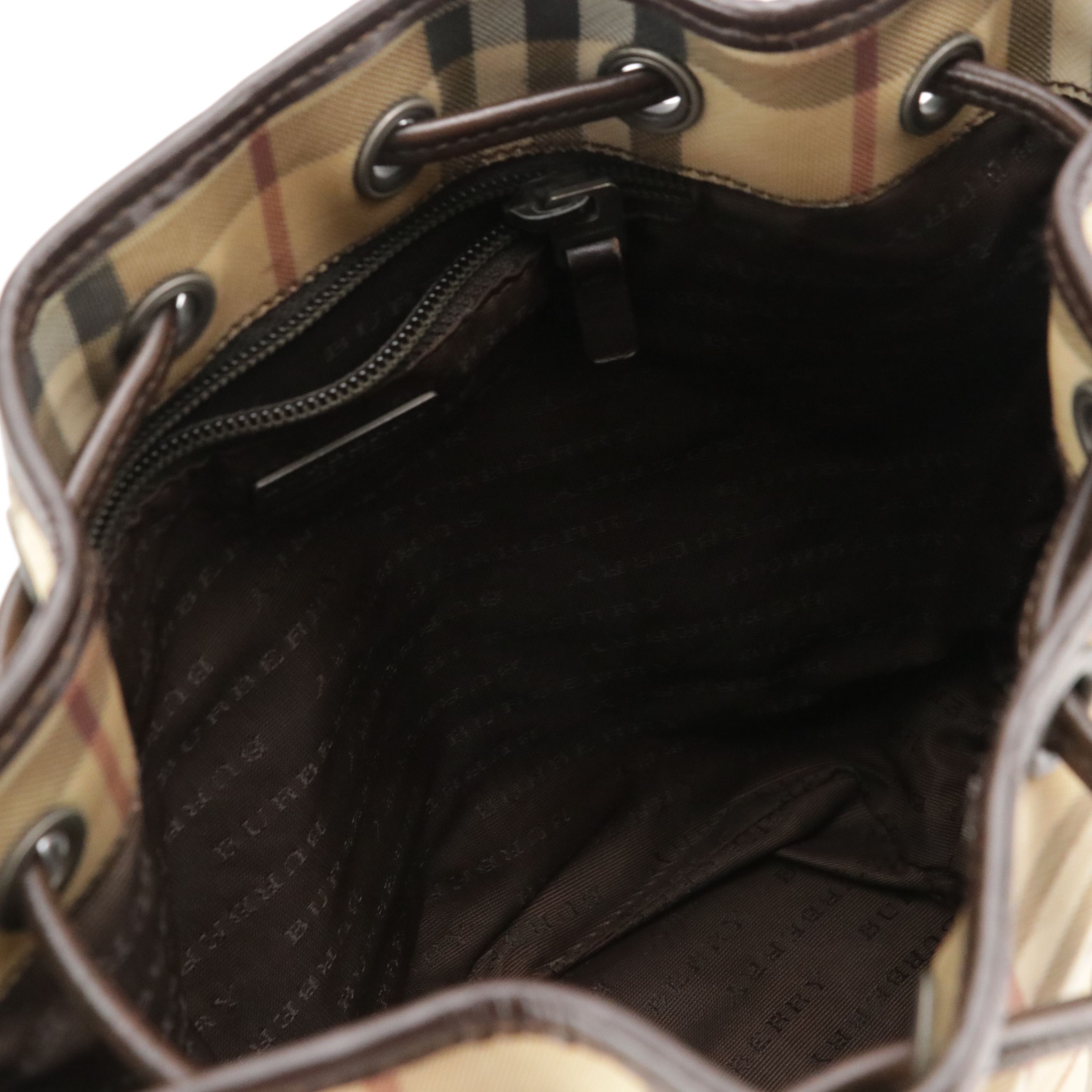 Burberry Nova Check Coated Canvas and Brown Leather Drawstring Bag