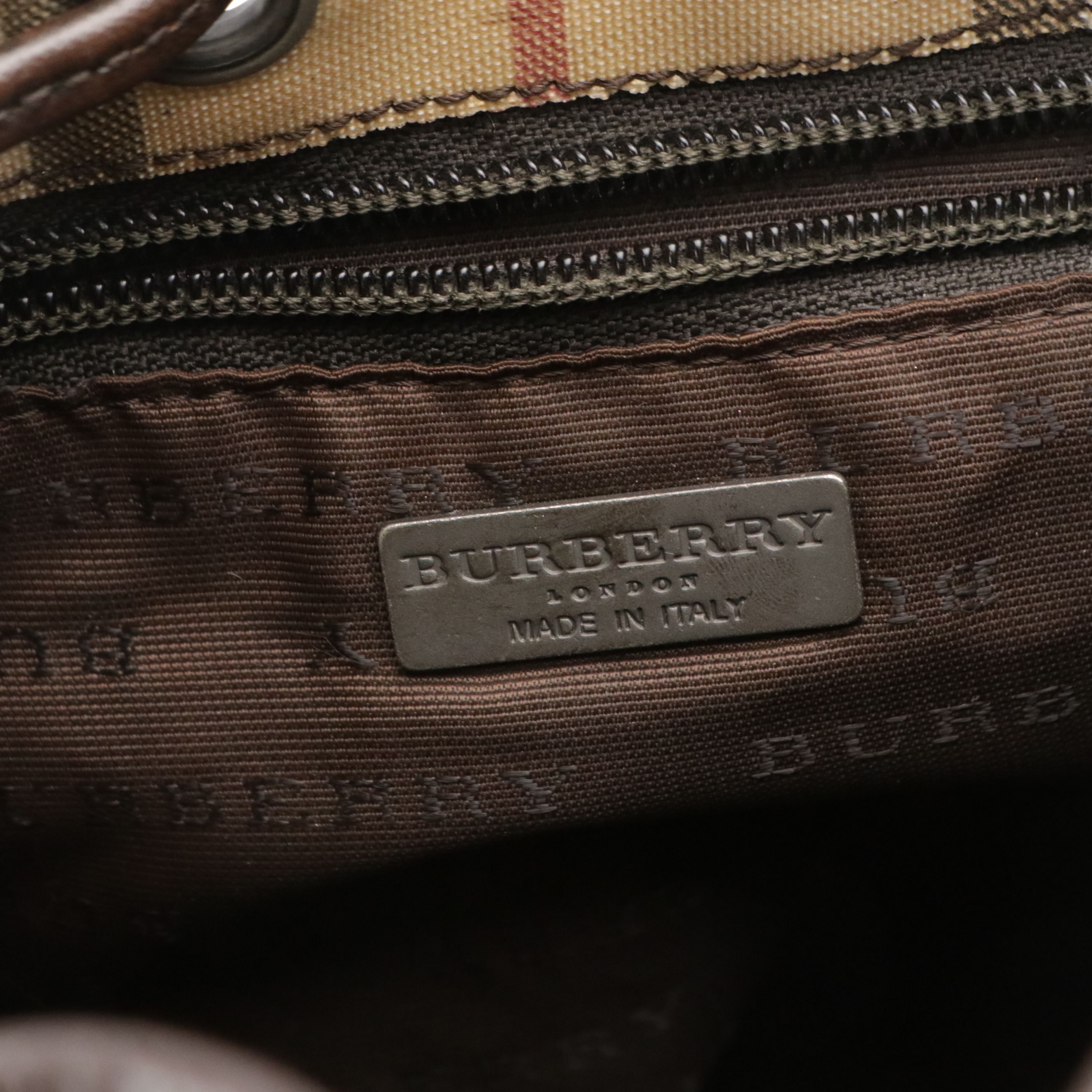 Burberry Nova Check Coated Canvas and Brown Leather Drawstring Bag