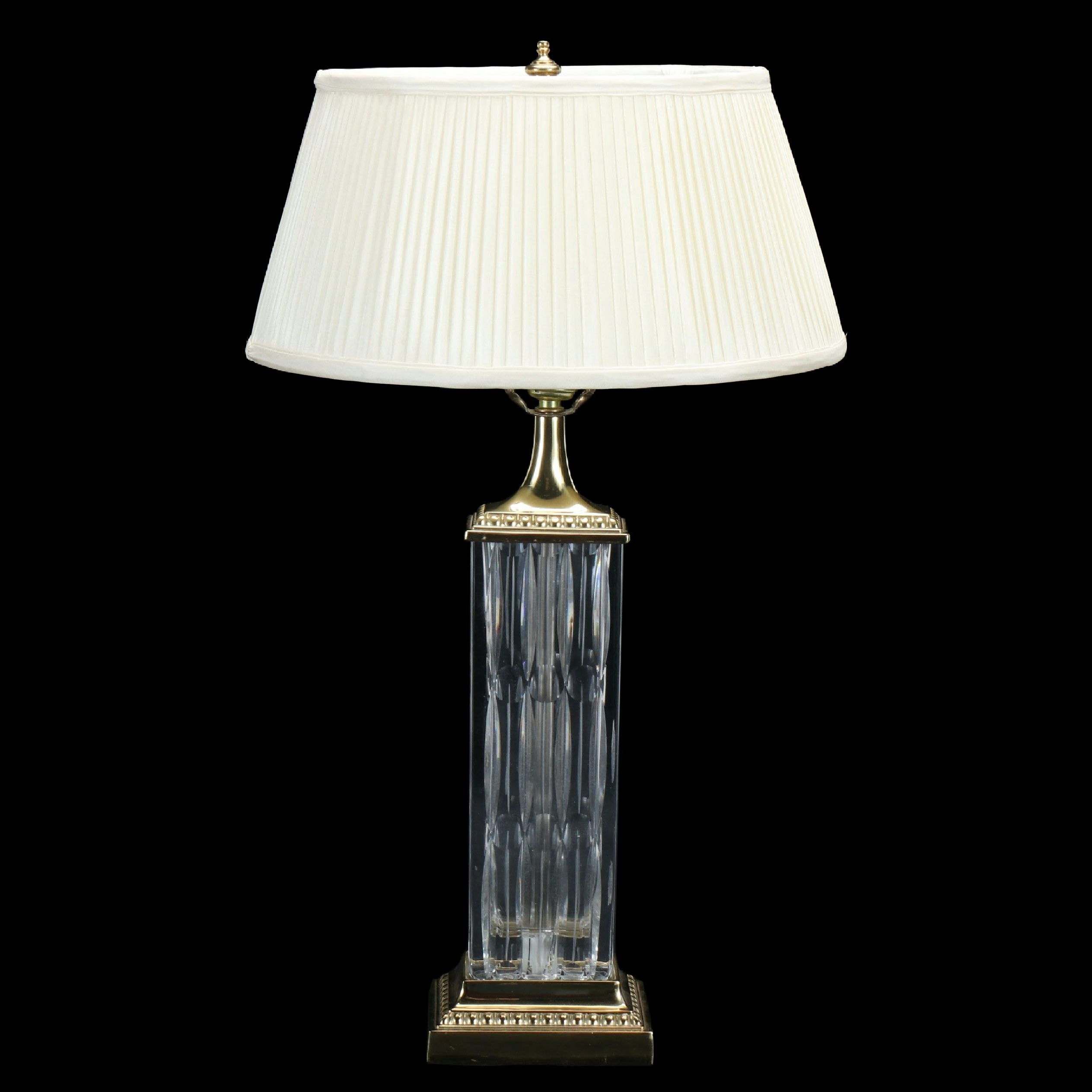 Crystal and Brass Finish Pillar Table Lamp with Pleated Bell Shade
