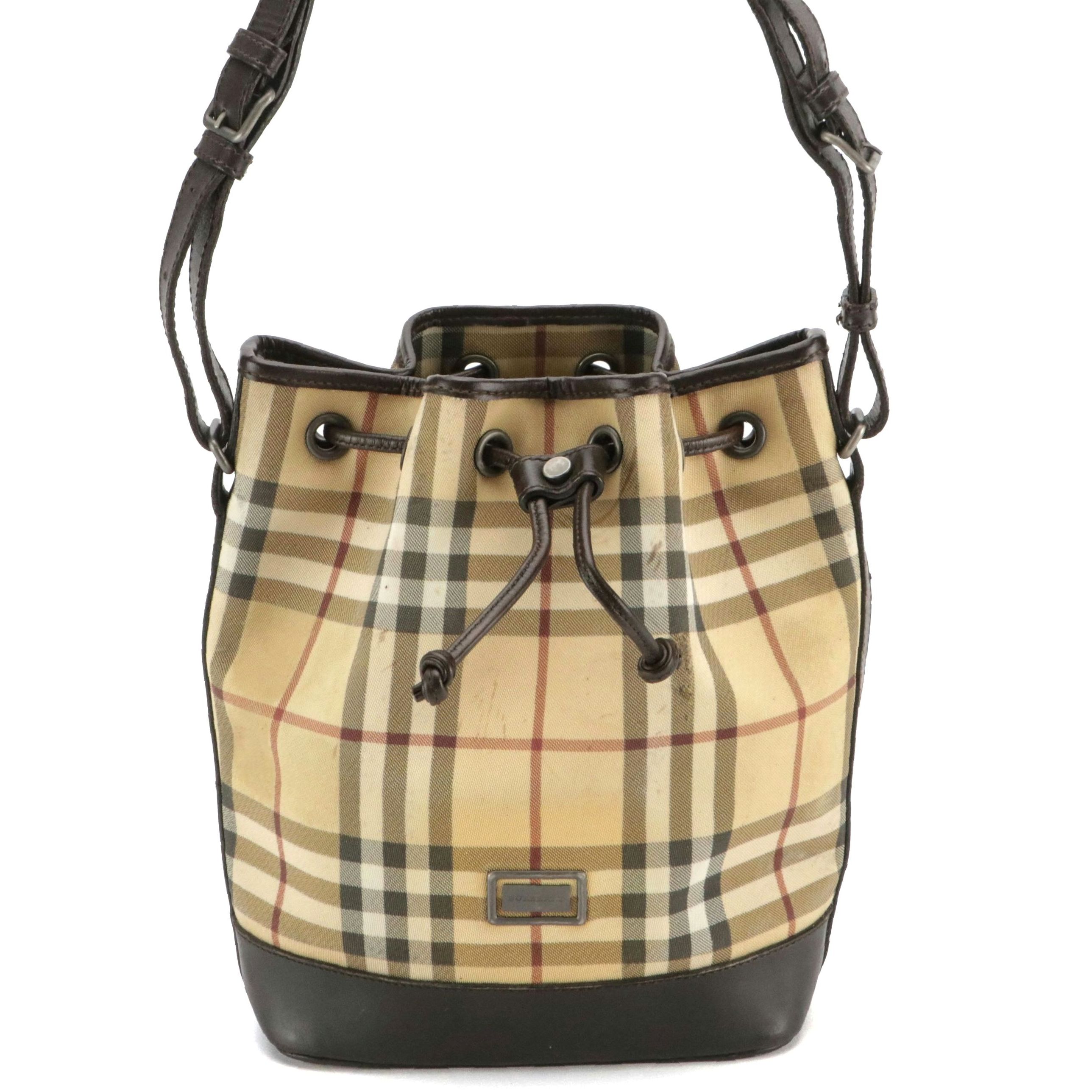Burberry Nova Check Coated Canvas and Brown Leather Drawstring Bag