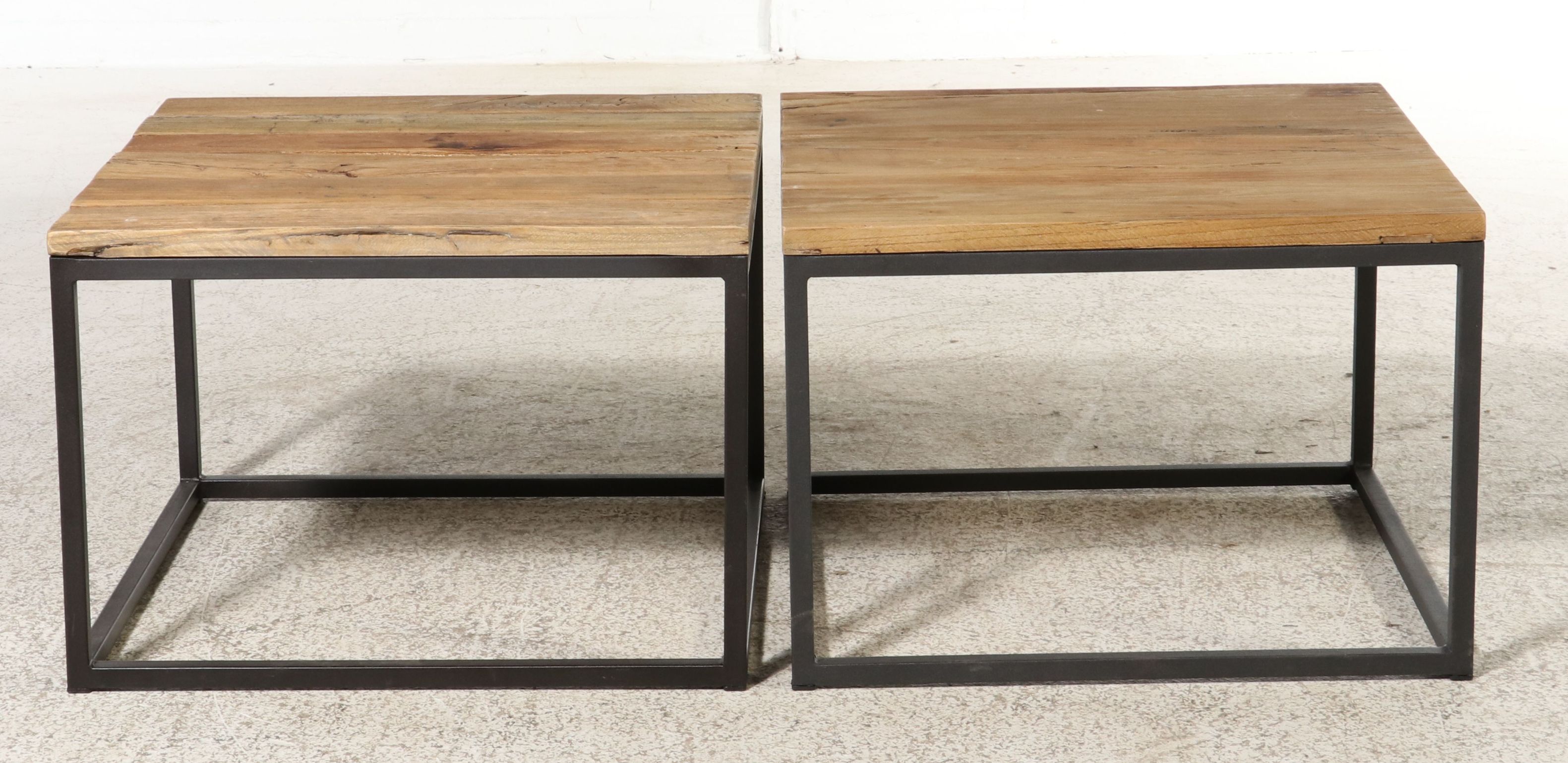 Pair of Industrial Modern Style Reclaimed Wood and Metal Cube End Tables