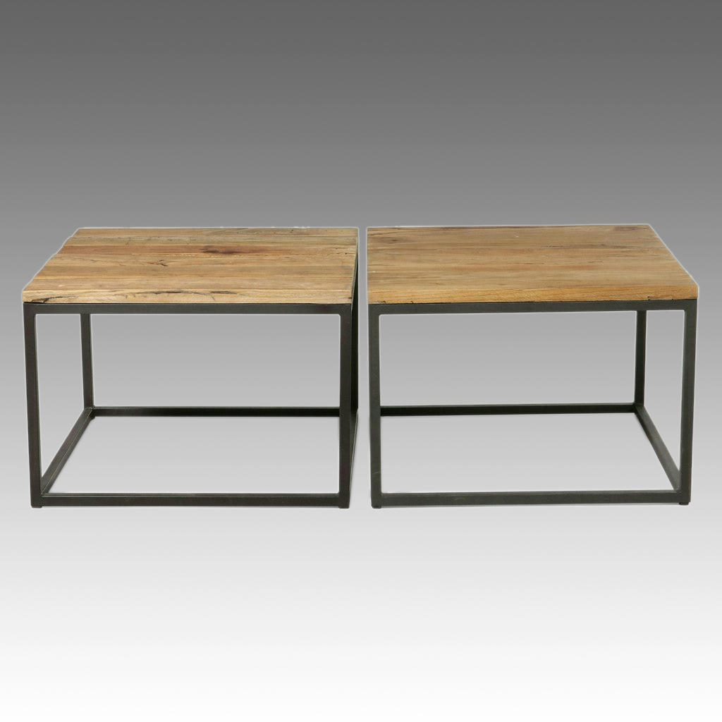 Pair of Industrial Modern Style Reclaimed Wood and Metal Cube End Tables
