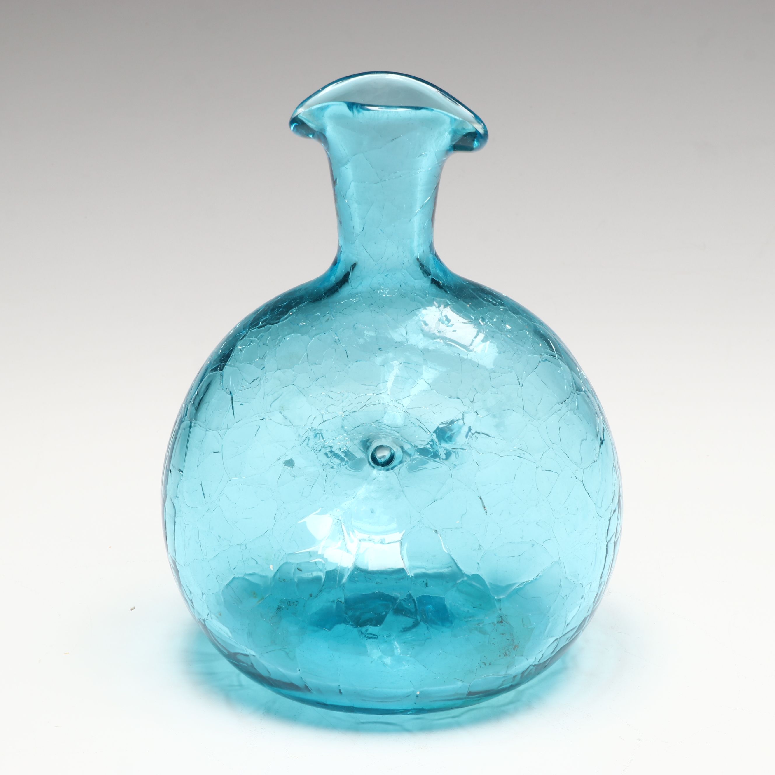 Mid Century Modern Style Blue Crackle Glass Vases with Green Glass Pitcher