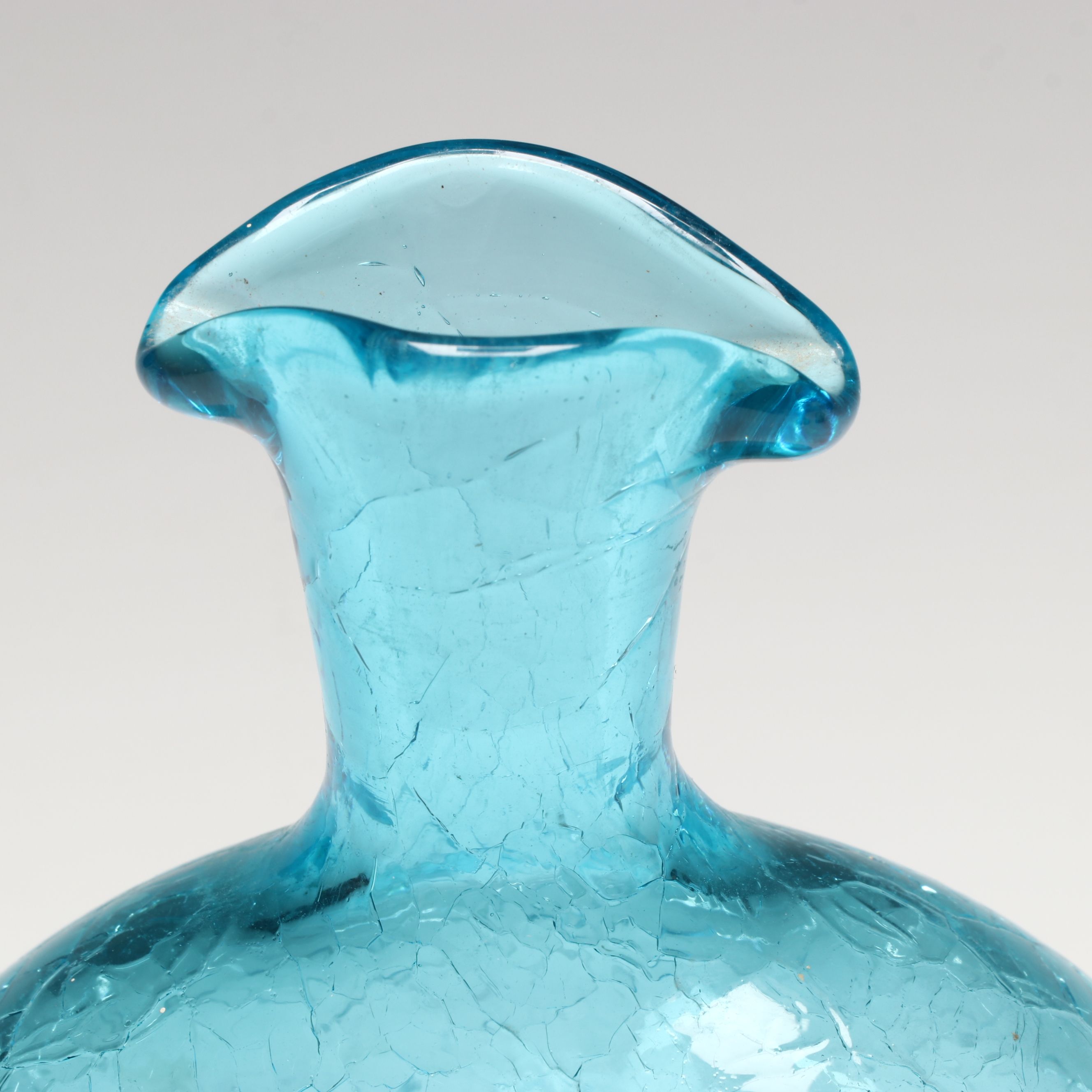 Mid Century Modern Style Blue Crackle Glass Vases with Green Glass Pitcher