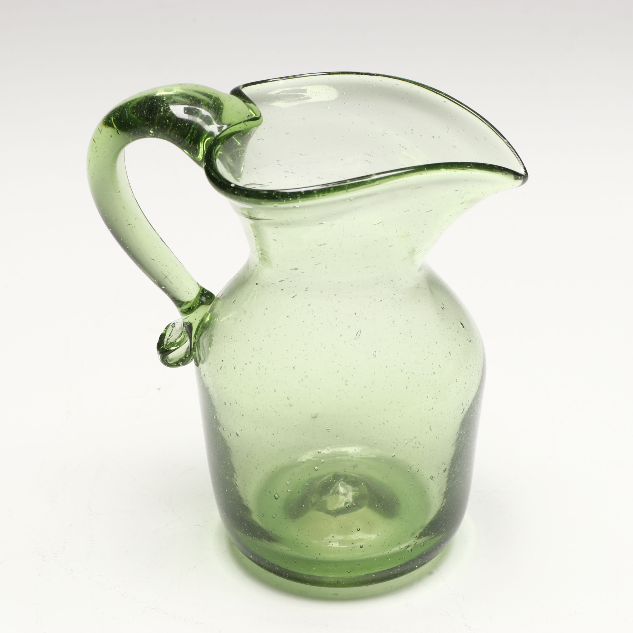 Mid Century Modern Style Blue Crackle Glass Vases with Green Glass Pitcher