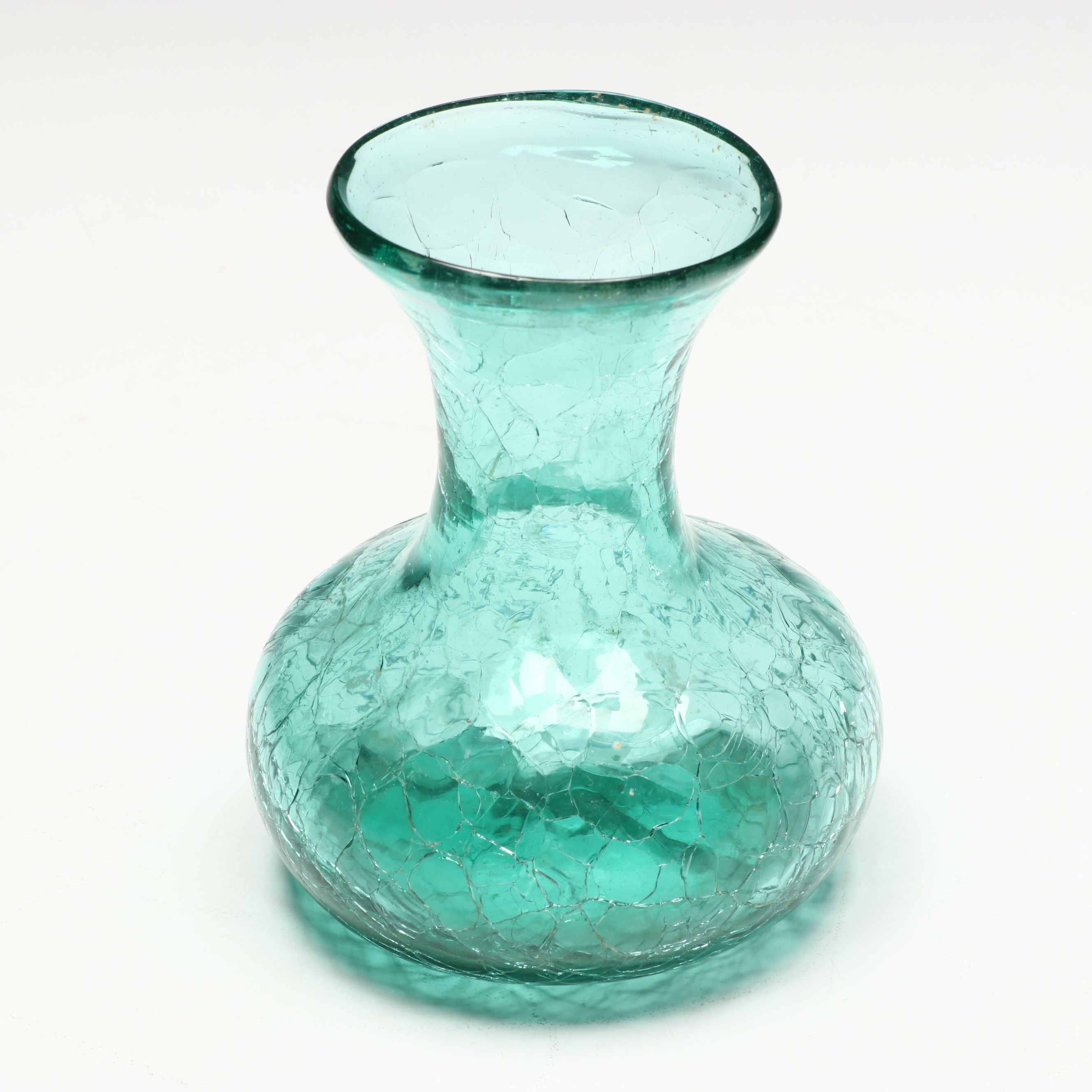 Mid Century Modern Style Blue Crackle Glass Vases with Green Glass Pitcher