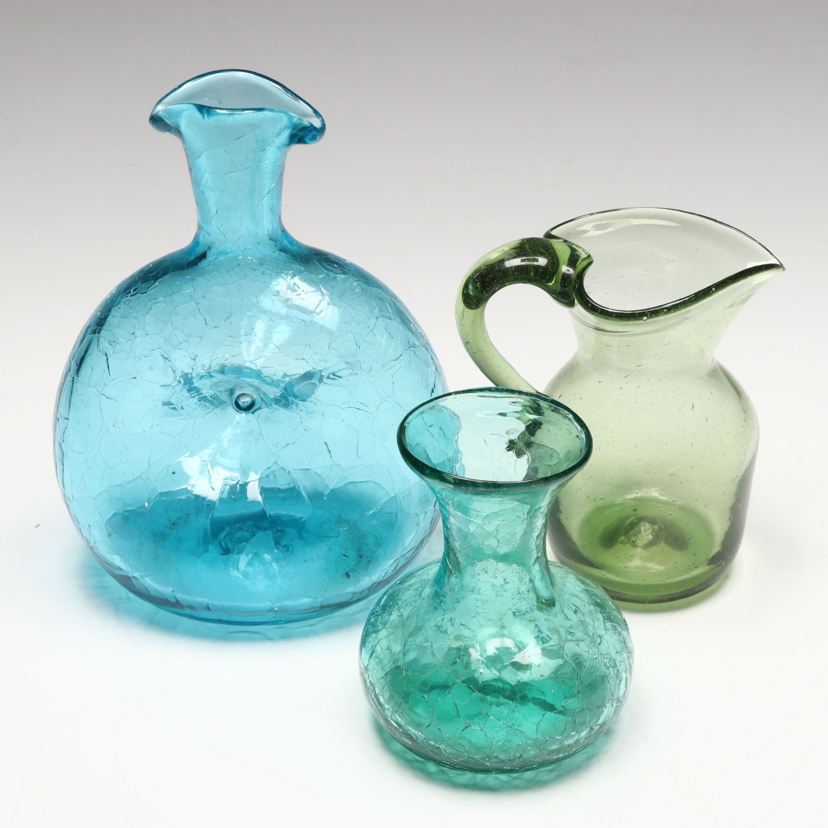 Mid Century Modern Style Blue Crackle Glass Vases with Green Glass Pitcher