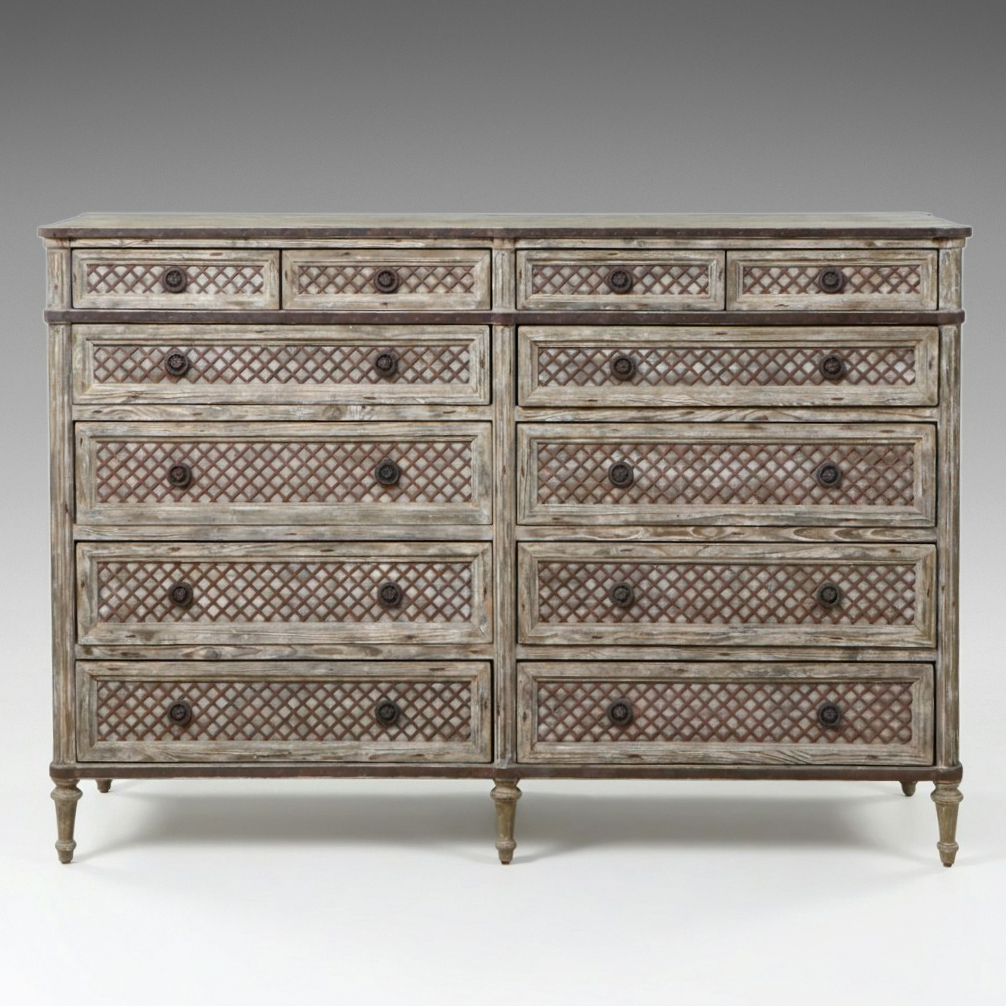 Restoration Hardware Wood and Metal Lattice Front Louis XVI Treillage Dresser