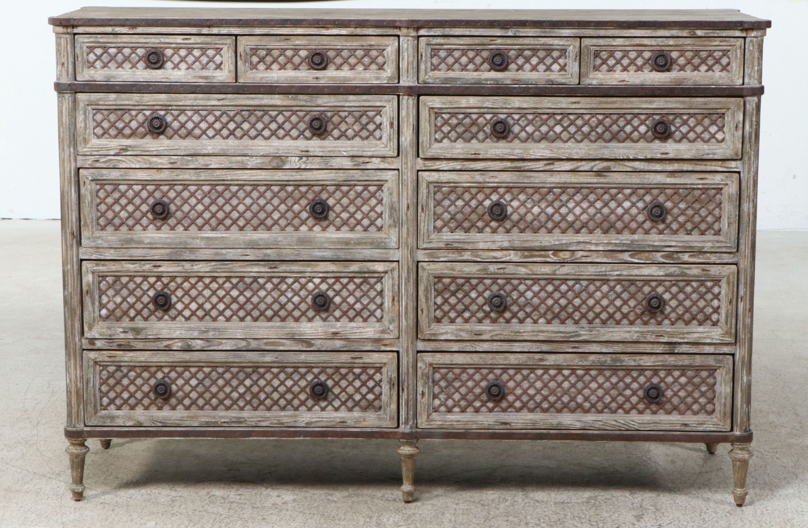 Restoration Hardware Wood and Metal Lattice Front Louis XVI Treillage Dresser