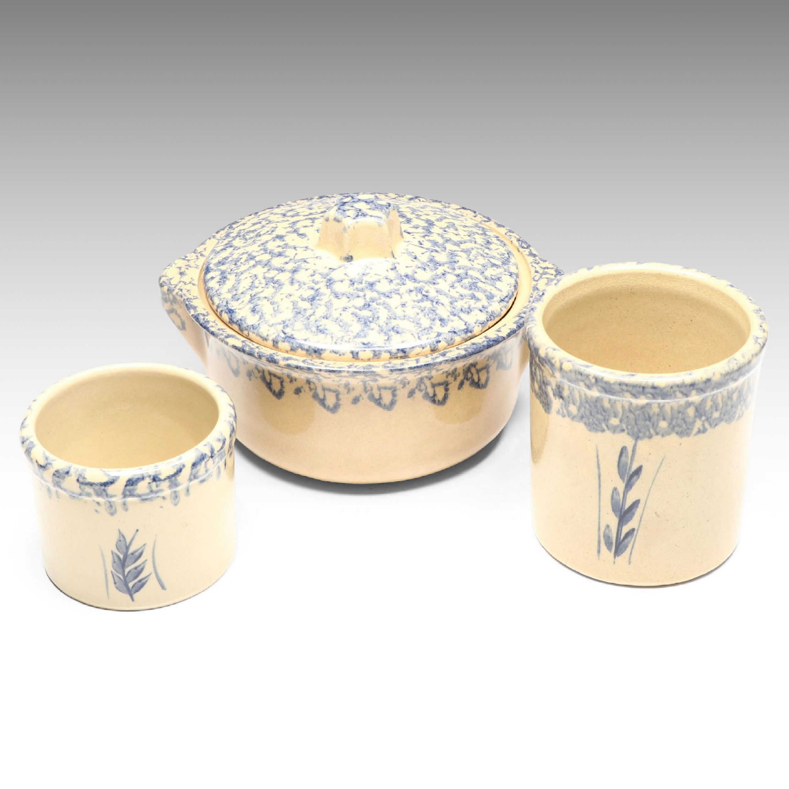 Robinson Ransbottom Pottery "Wheat" Blue Spongeware Casserole and Crocks