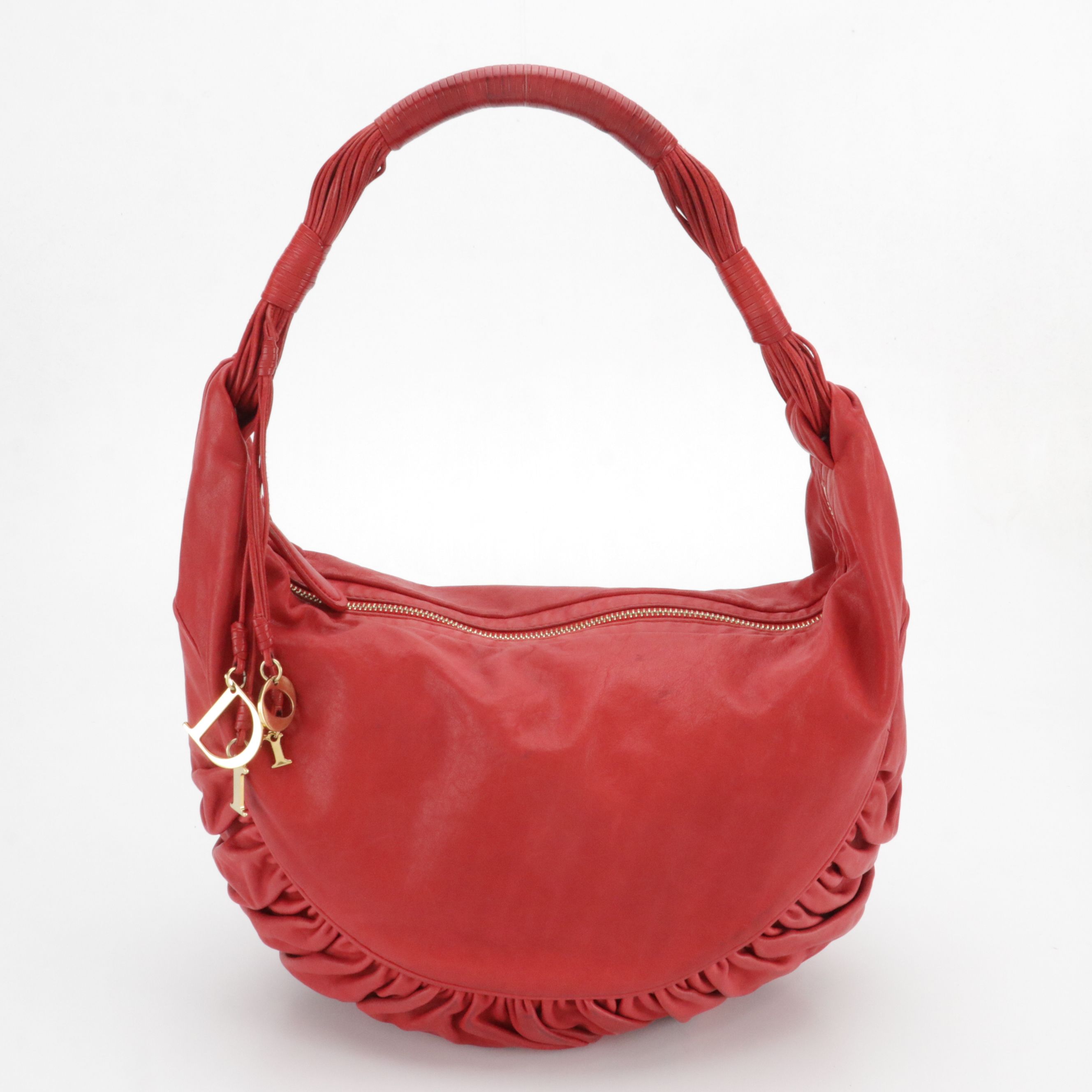 Christian Dior Gypsy Ruffle Hobo Shoulder Bag in Red Lambskin Leather