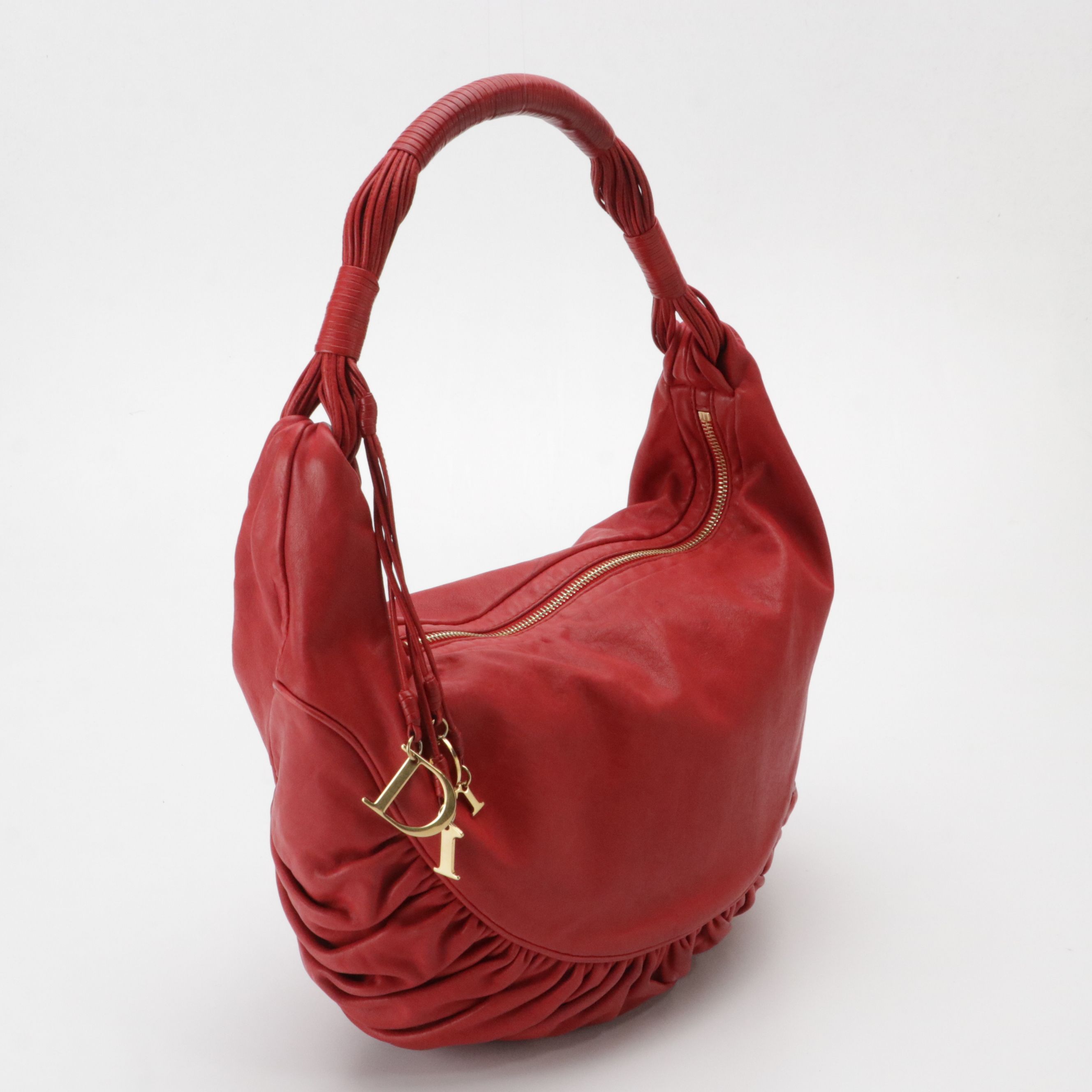 Christian Dior Gypsy Ruffle Hobo Shoulder Bag in Red Lambskin Leather