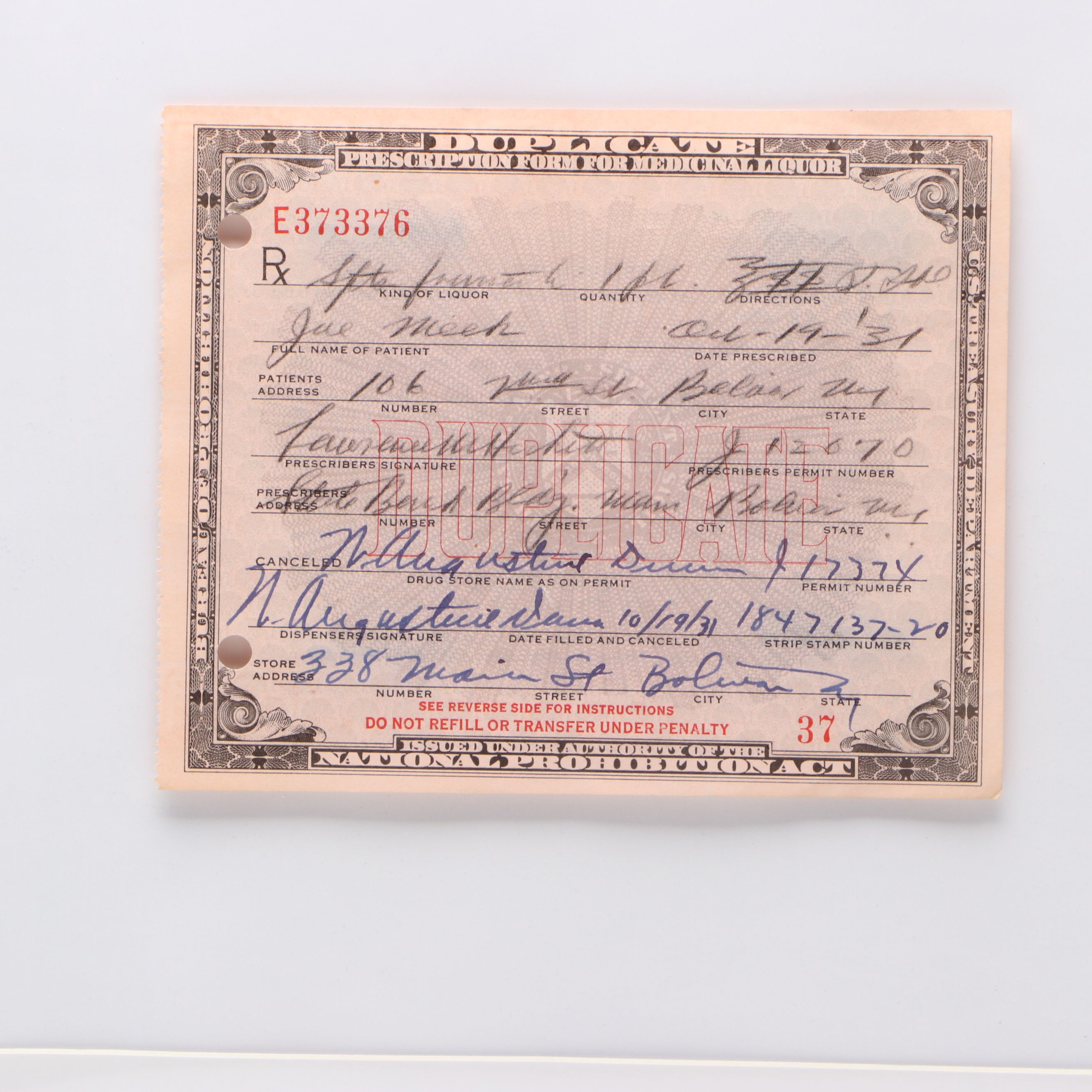Prohibition Era Prescription Form for Alcohol, 1931