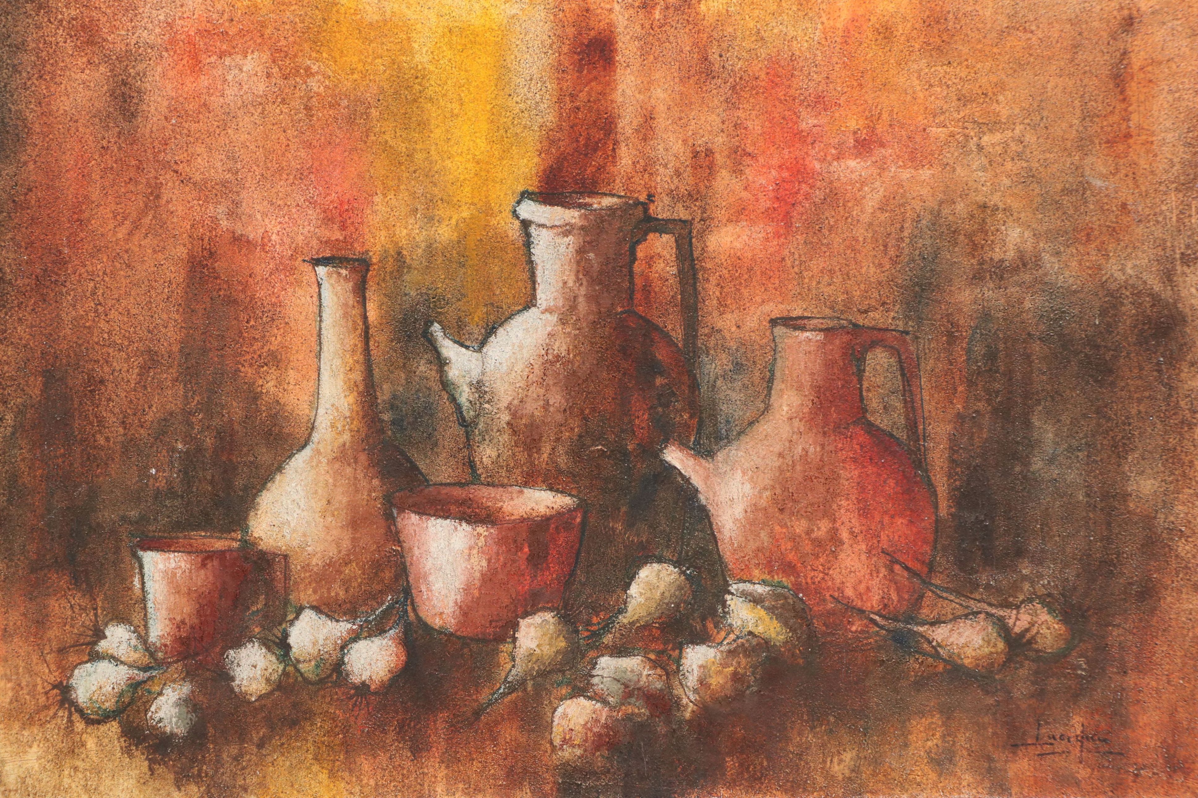 Oil and Sand Still Life Painting, Mid-20th Century